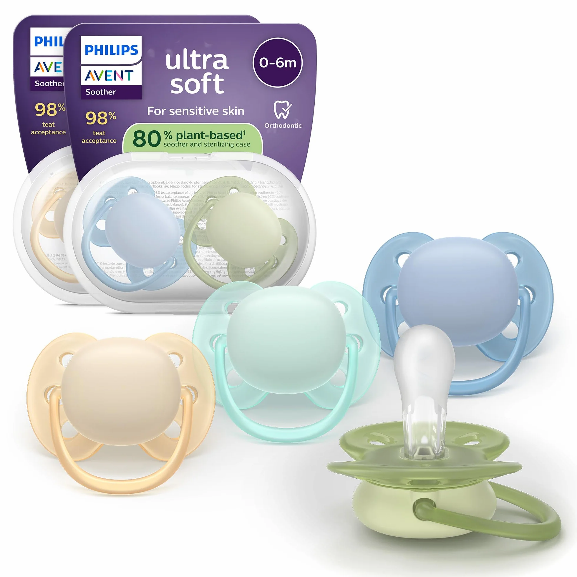 Philips Avent Ultra Soft Smoczki — ortodontyczny smoczek dla dzieci w wieku 0–6 miesięcy, elastyczna osłonka, symetryczna silikonowa końcówka, bez BPA, 2 etui do sterylizacji, 4 sztuki, SCF091/50