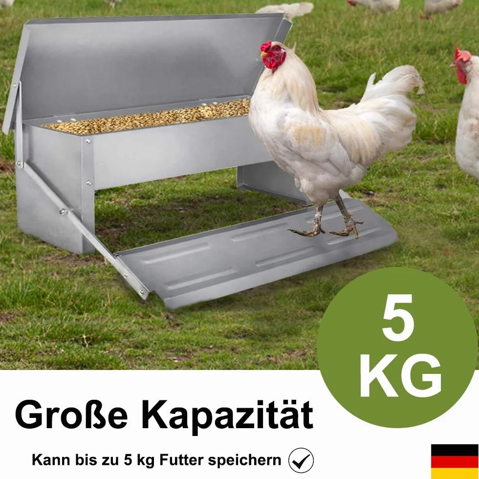 Automatyczny karmnik dla kur, 5 kg, z nóżkami i kocem, wodoszczelny, bezpieczny dla szczurów, z ocynkowanej stali, podajnik karmy dla drobiu