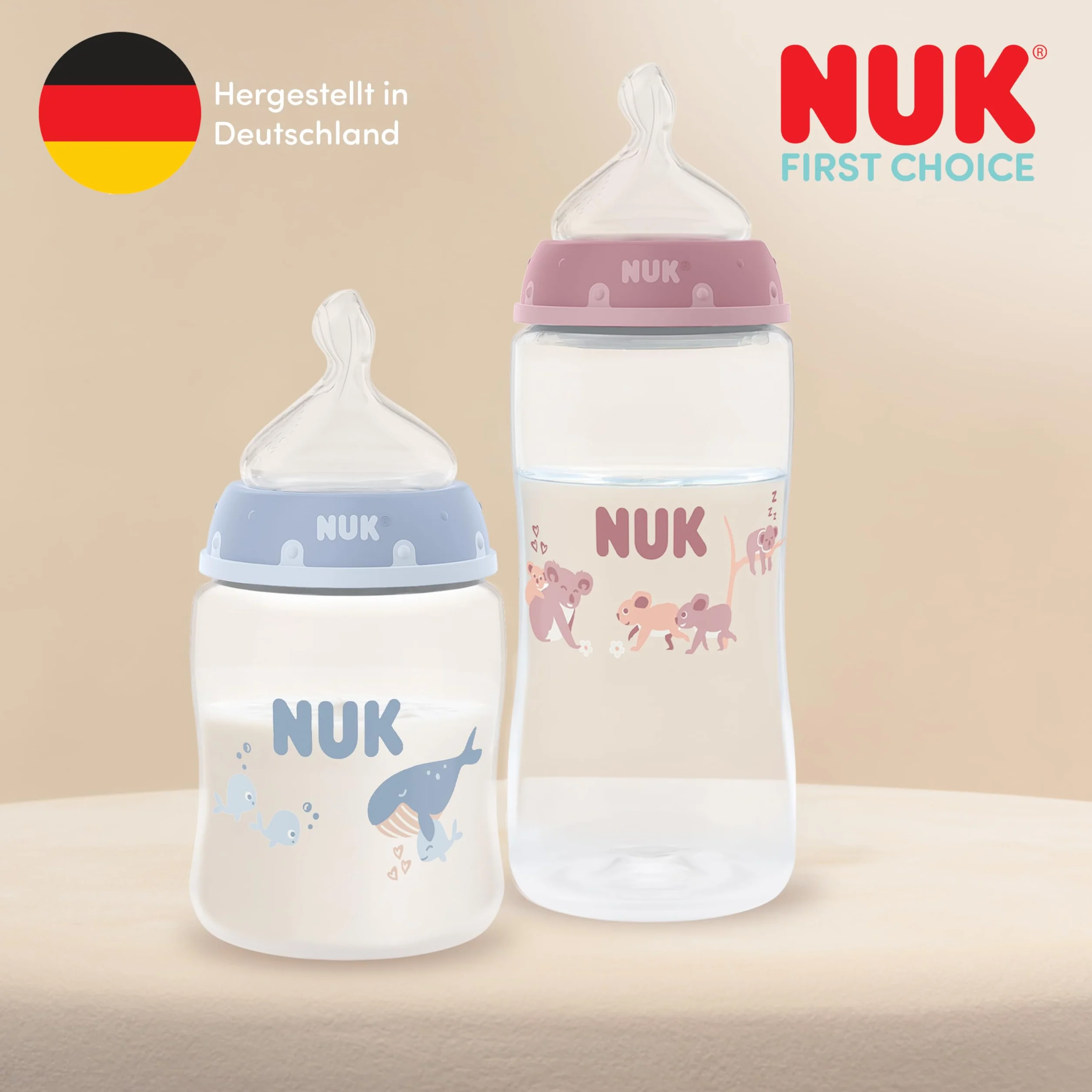 NUK First Choice Butelka dla niemowląt | 3+ miesiące | 240 ml | Butelka przeciwkolkowa | Szkło | Wskaźnik kontroli temperatury | Konik morski | 1 sztuka