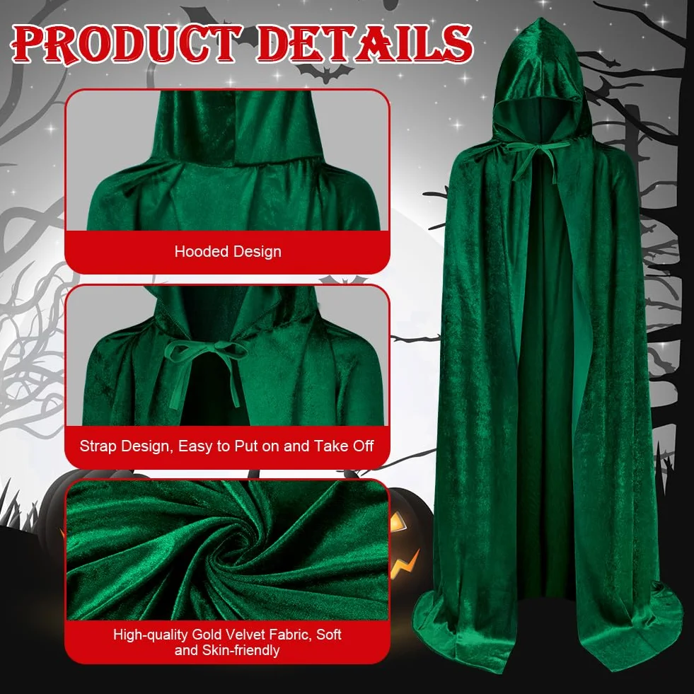AOOWU Zielona peleryna, Halloween, peleryna z kapturem, czarownica, akcesoria do cosplay, kostium dla dorosłych, ponury żniwiarz, peleryna, długi płaszcz dla wampira, na Halloween, imprezę rodzinną