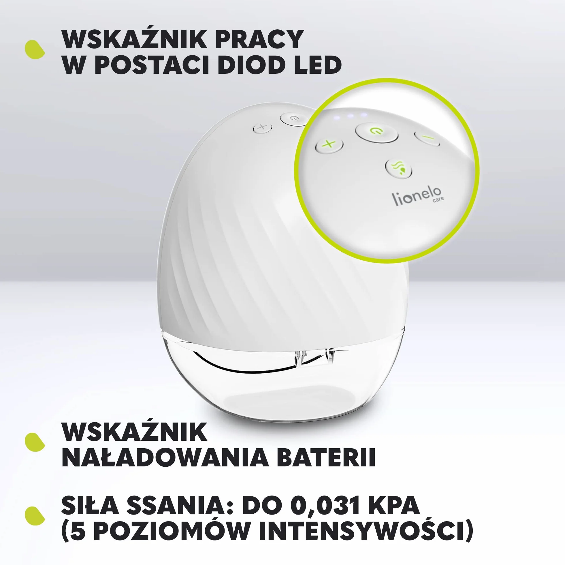 LIONELO Fidi Free Laktator Muszlowy Hands-Free 2 Tryby Pracy Funkcja Masażu 5 poziomów intensywności 3 rozmiary silikonowych lejków Pojemność 150 ml Energooszczędny Cicha Praca Timer