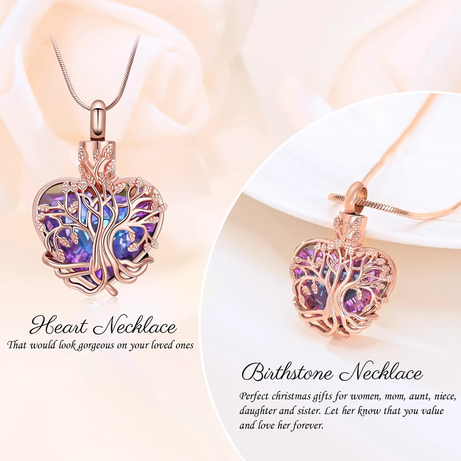 Minicremation Urna Naszyjnik na popiół Drzewo Życia Birthstone Serce Wisiorek Kremacja Keepsake Memorial Pogrzeb Naszyjnik Biżuteria Prezenty dla Kobiet Żony Matki