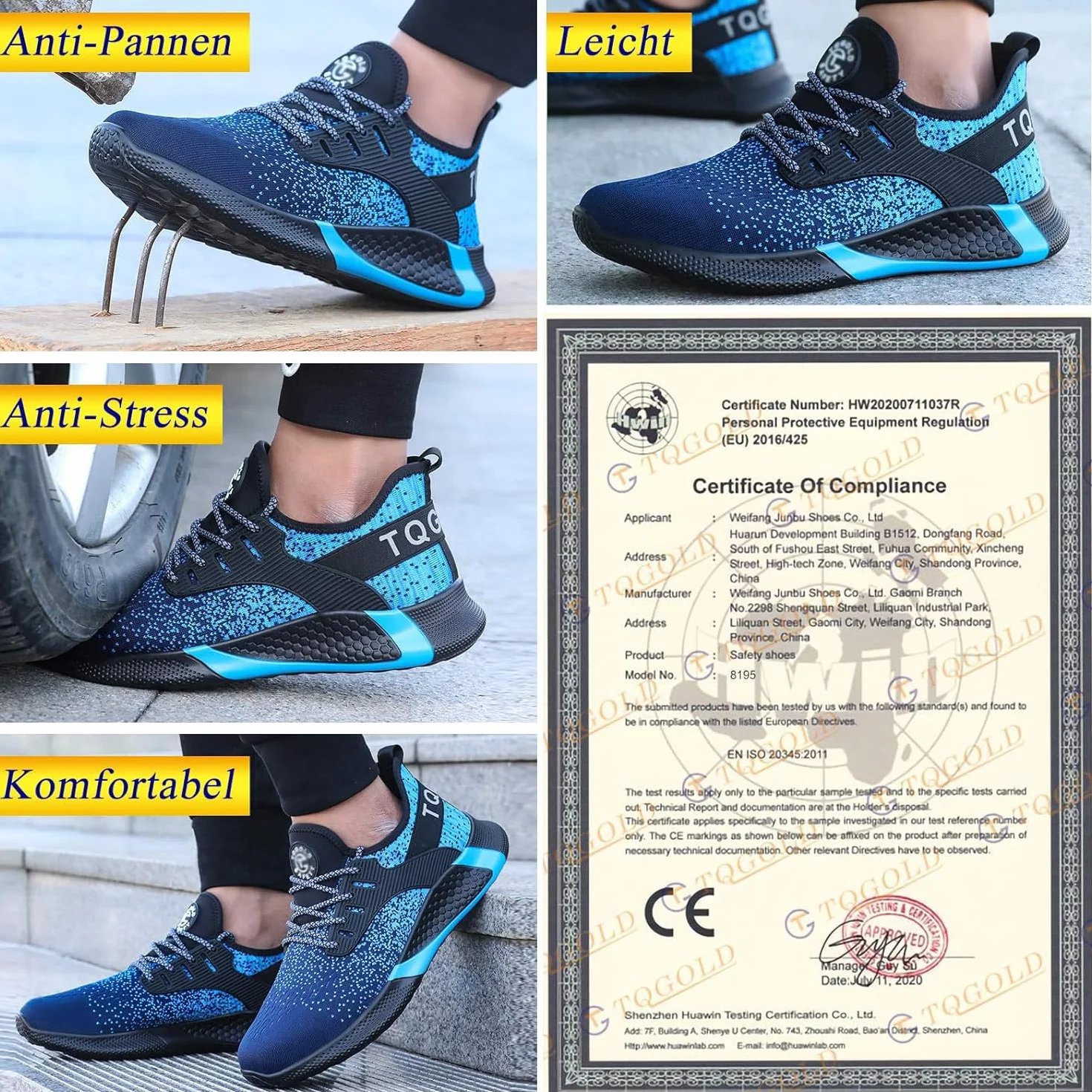 AONETIGER Buty ochronne dla mężczyzn i kobiet, lekkie buty robocze, stalowy nosek, sportowe, oddychające, antypoślizgowe, 8195 niebieski, 42 EU