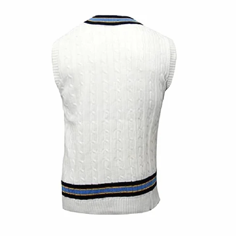 3M Mężczyźni - chłopięcy sweter do krykieta sport gra sweter top dekolt w serek ciężka wełna biała krawędź solidna konstrukcja wybierz (bez rękawów lub długie rękawy) (28, bez rękawów)