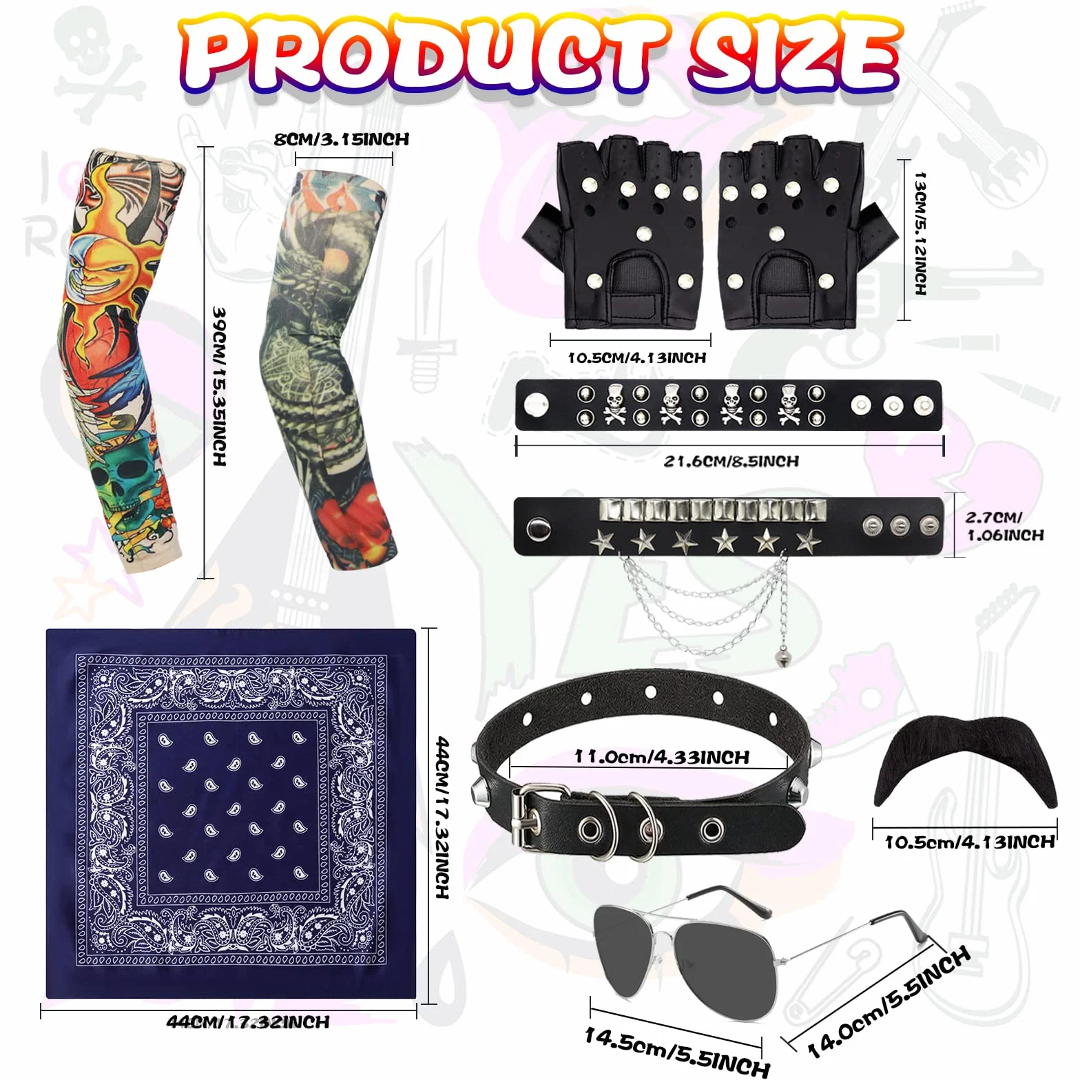 10 sztuk akcesoriów do kostiumu rockowego, 70/80/90., punk, gotycki, rockowy, z bandaną, tatuażem, rękawami, rękawiczkami, bransoletką, okularami, wąsami, obrożą, pierścionkami dla mężczyzn i