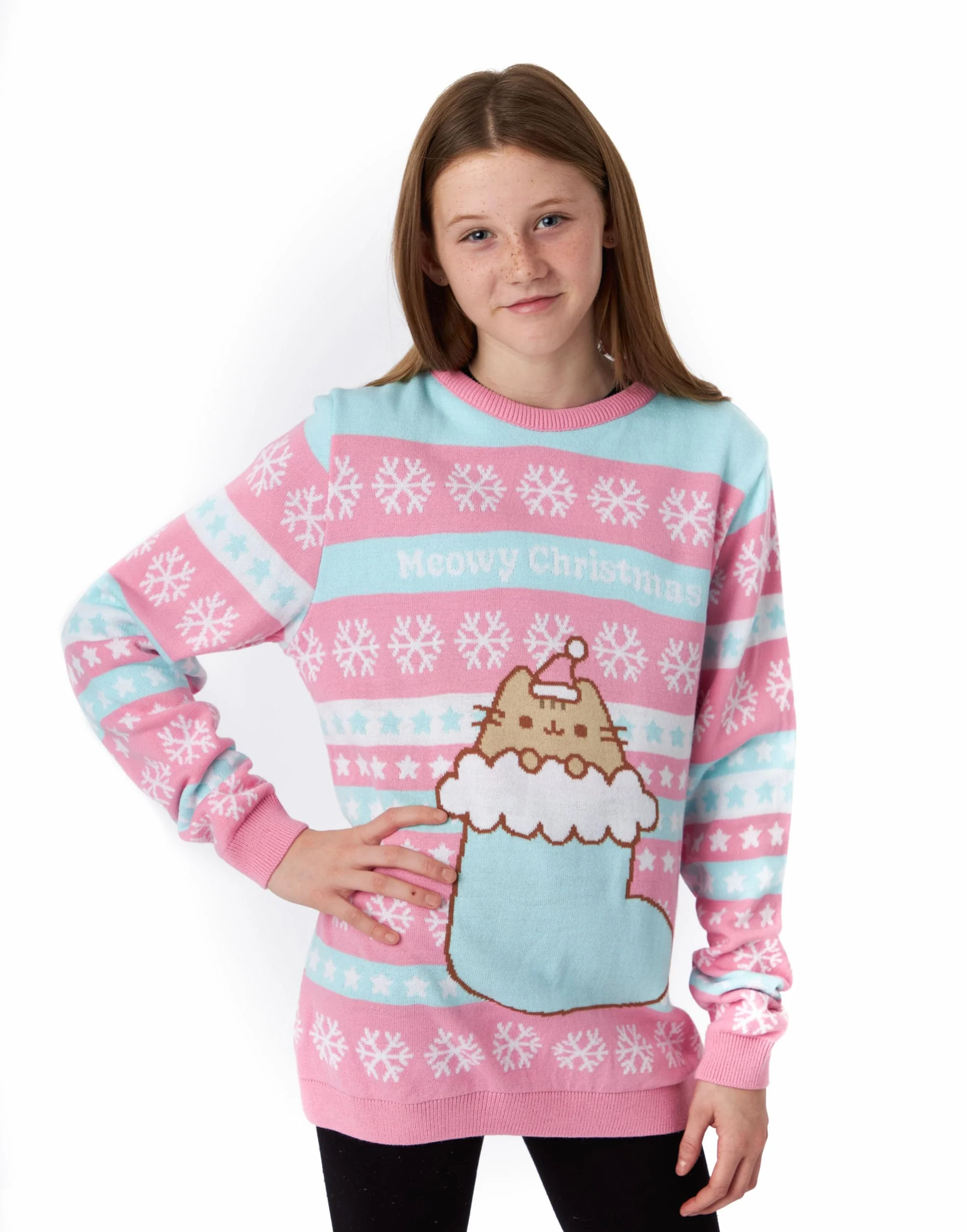 Pusheen Różowy sweter bożonarodzeniowy z dzianiny dla dziewczynek | świąteczny sweter - uroczo przytulny | stylowa odzież bożonarodzeniowa The Cat | świąteczna bluza z motywem kota