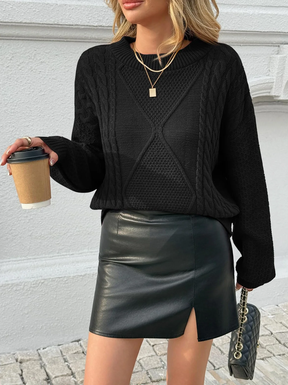Fisoew Damski sweter oversize, okrągły dekolt, wzór warkocza, długi rękaw, sweter z dzianiny, na zimę, gruby sweter