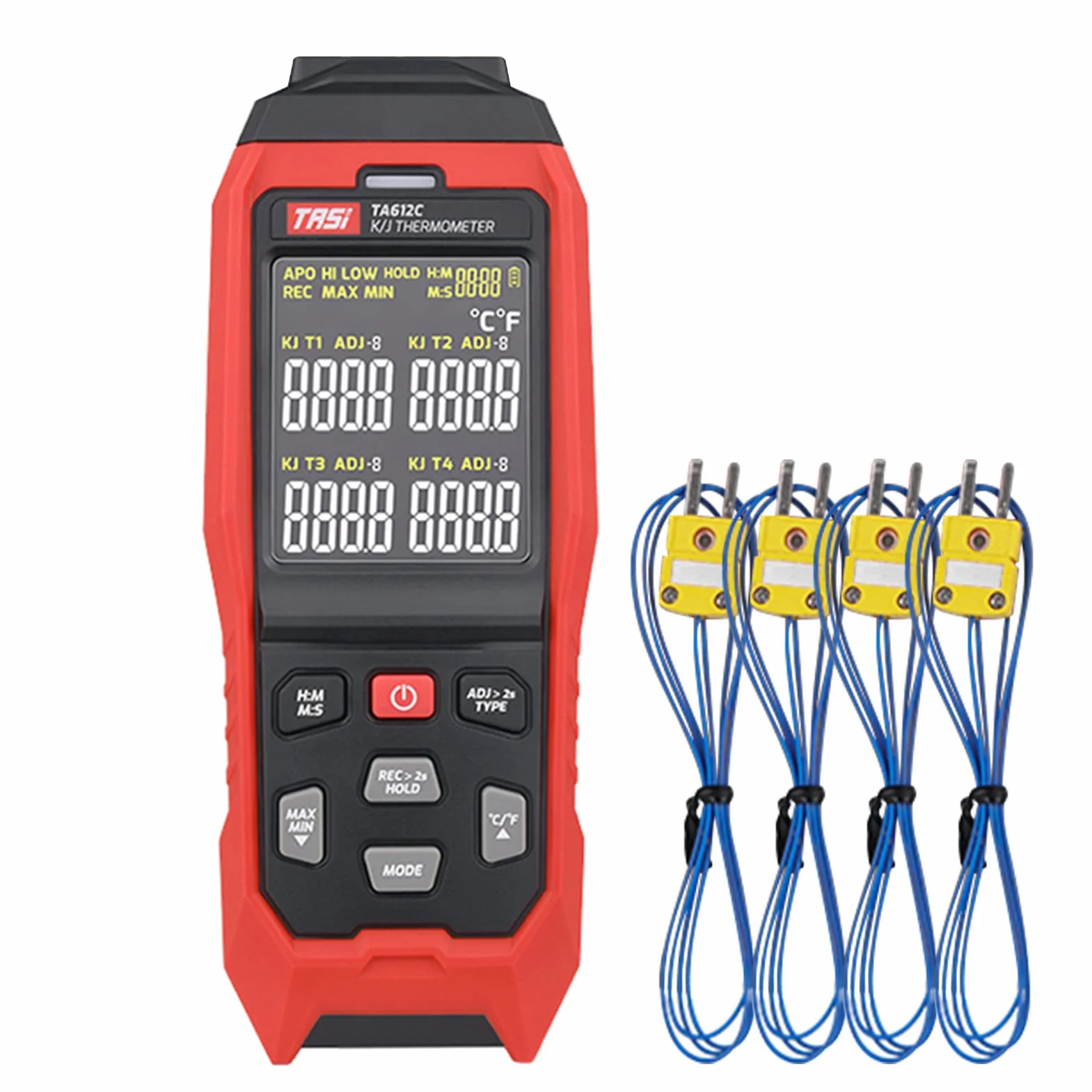 TA612C termometr termoelementowy typu K/J z 4 kanałami -200~1372℃/-328~2501℉ cyfrowy ręczny miernik temperatury LCD 5000 grup, przechowywanie danych z przesyłaniem danych USB i pomiarem w czasie rzeczywistym