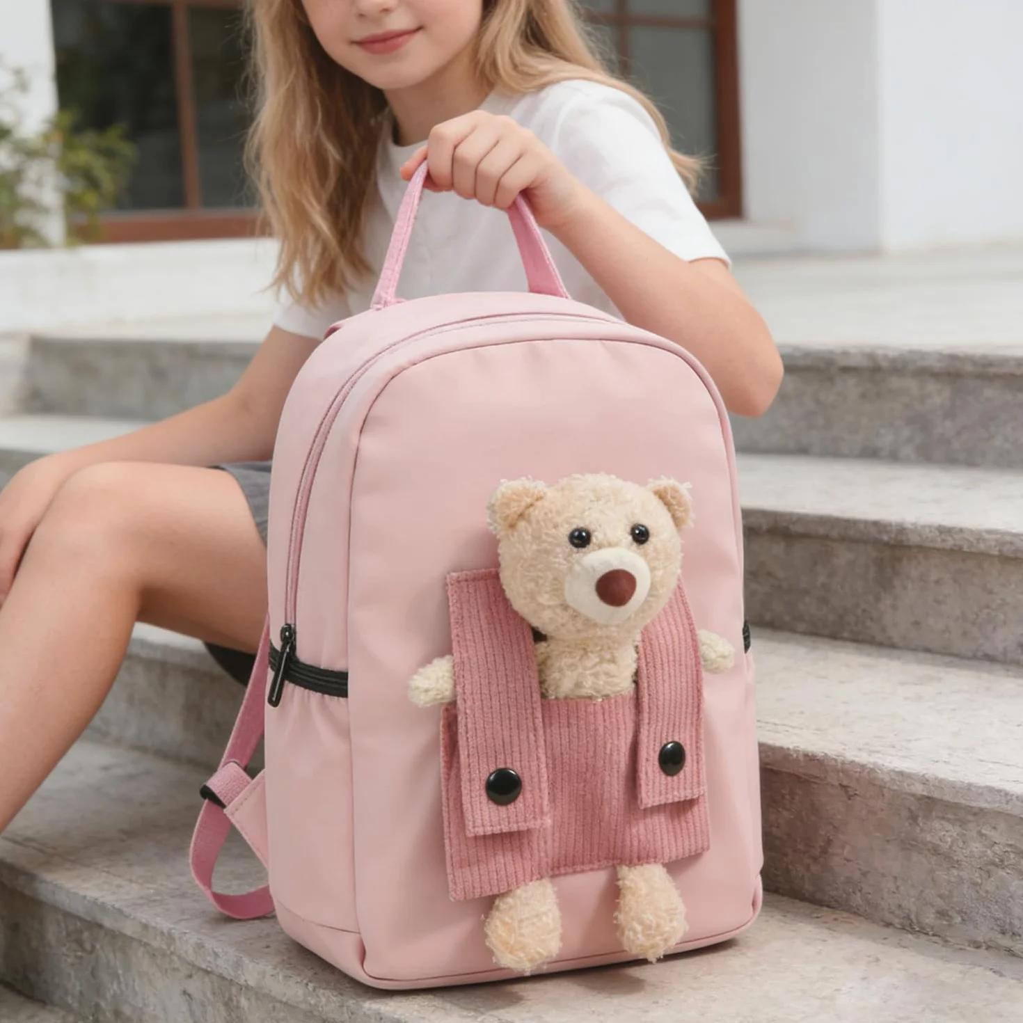 Plecak dziecięcy z wyjmowaną lalką z misiem Rosa