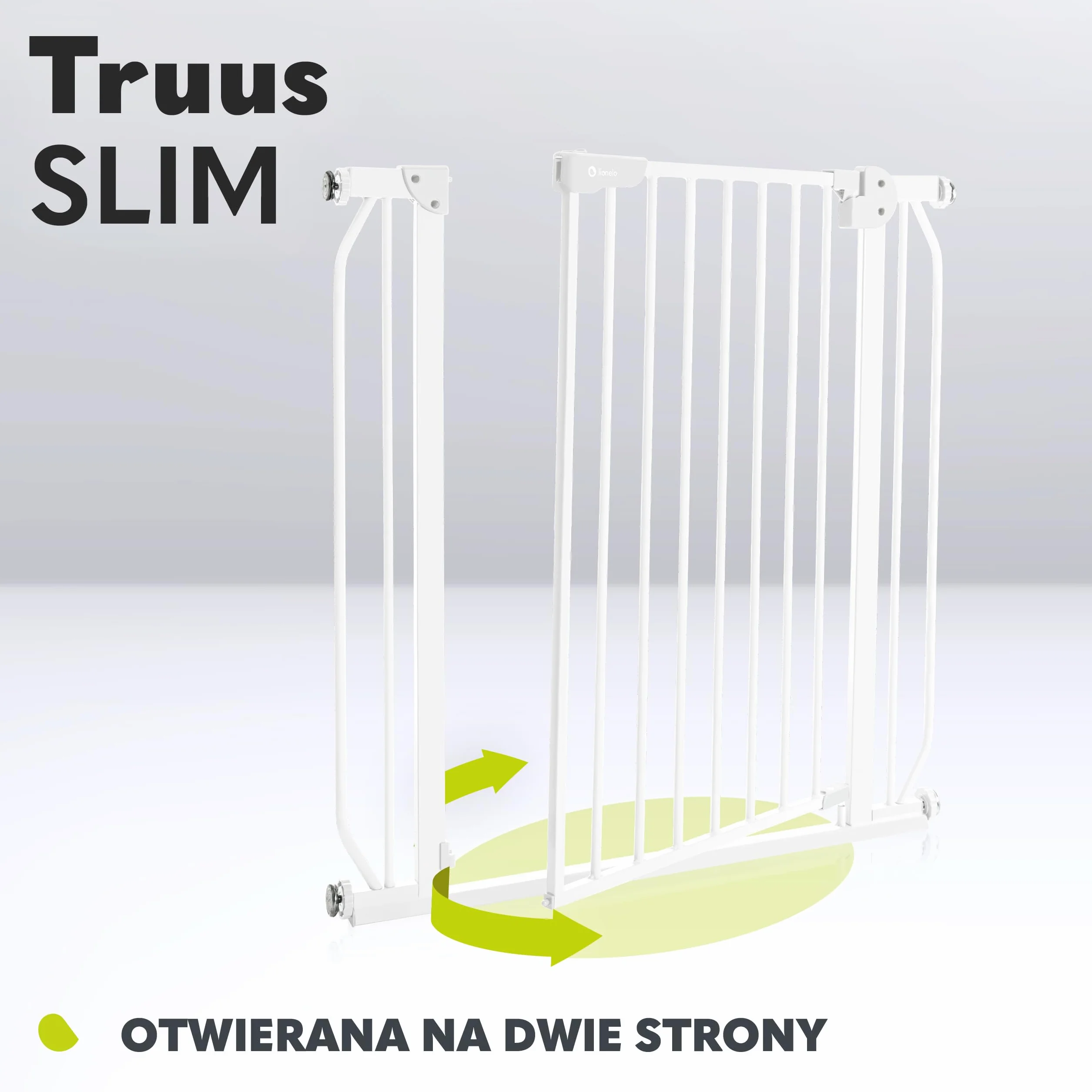 LIONELO Truus Slim kratka ochronna do drzwi dla niemowląt, do zaciskania 75-105 cm, biała, 5 kg, regulowana szerokość, silikonowe osłonki, funkcja AutoStop i samozatrzasku