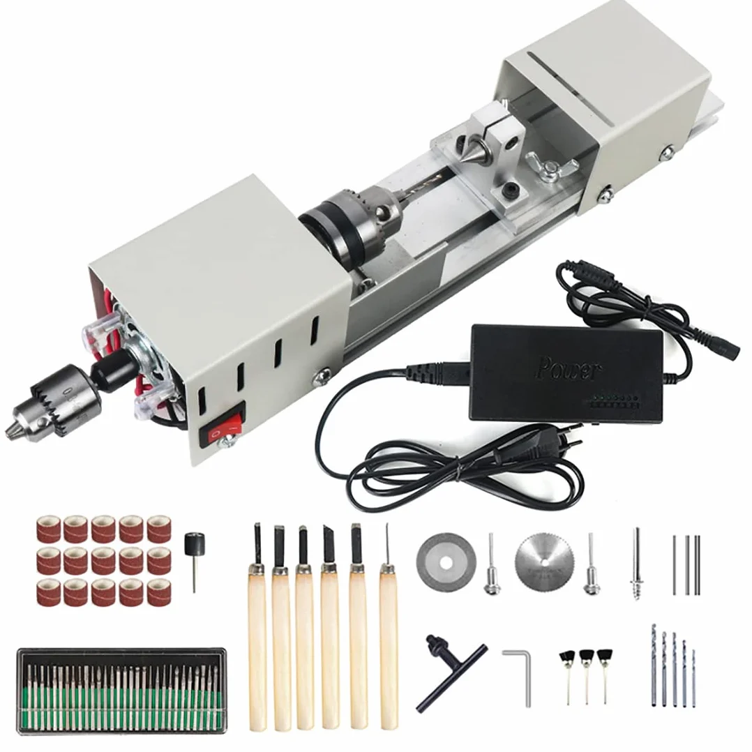 Mini tokarka 6 w 1, 12-24V 96W metalowa mała tokarka, DIY Wood Model Making Tokarka, Szlifierka kulkowa do rzeźbienia, szlifowania i szlifowania drewna