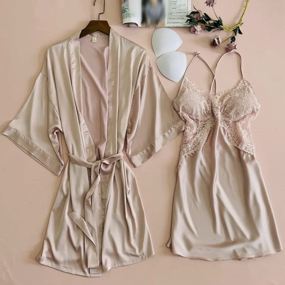 Damska koronkowa bielizna nocna satynowa 2 szt. zestaw szata kimono sukienka seksowna intymna bielizna nocna na co dzień odzież domowa lato nowa odzież domowa (Pink,XL)