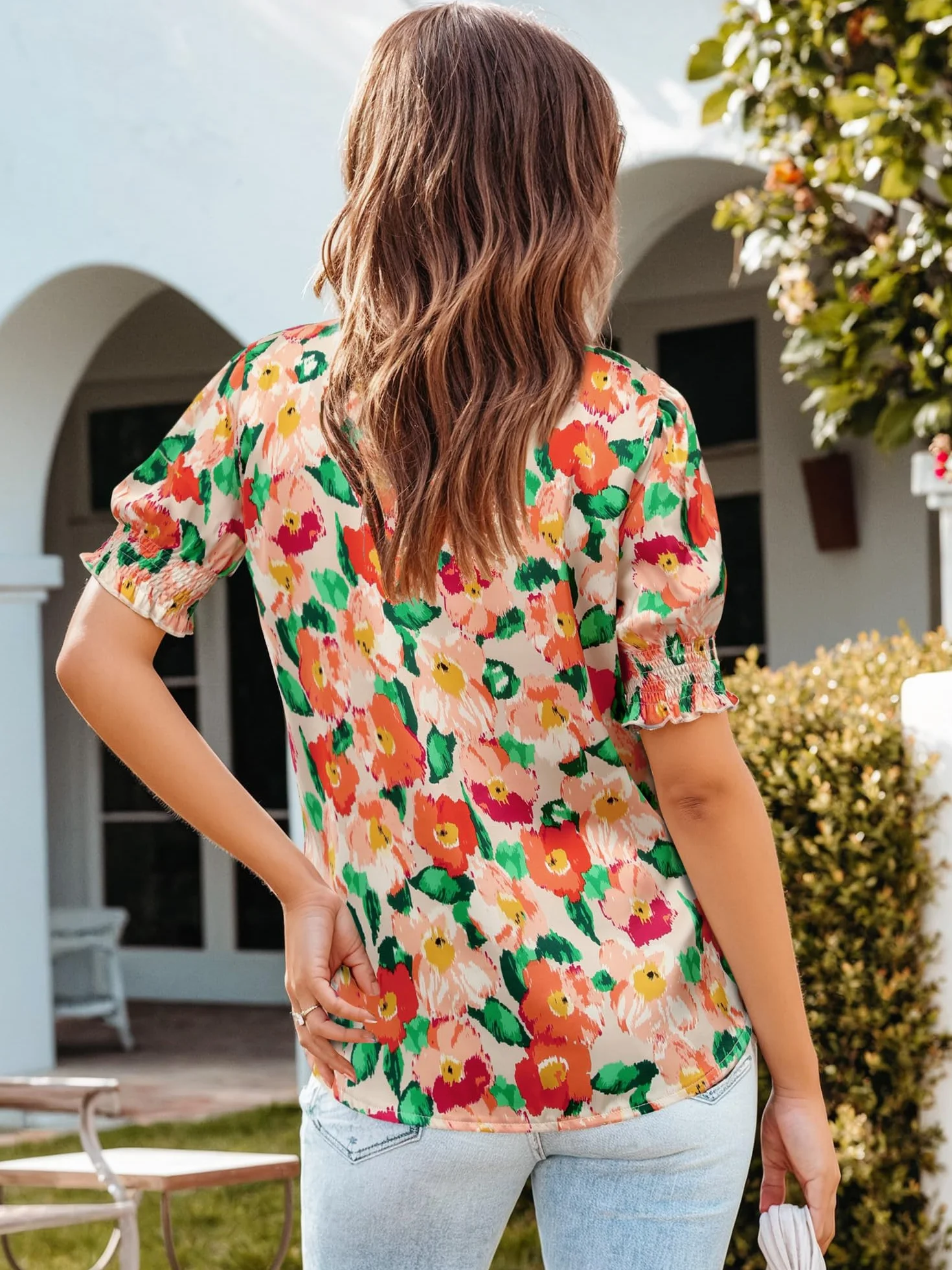 WIEIYM Damska bluzka, koszulka, plisowane/bufiaste rękawy, tunika, t-shirty, kwiaty, dekolt w serek, swobodna górna część na lato, styl boho, luźna, długa koszulka, tunika