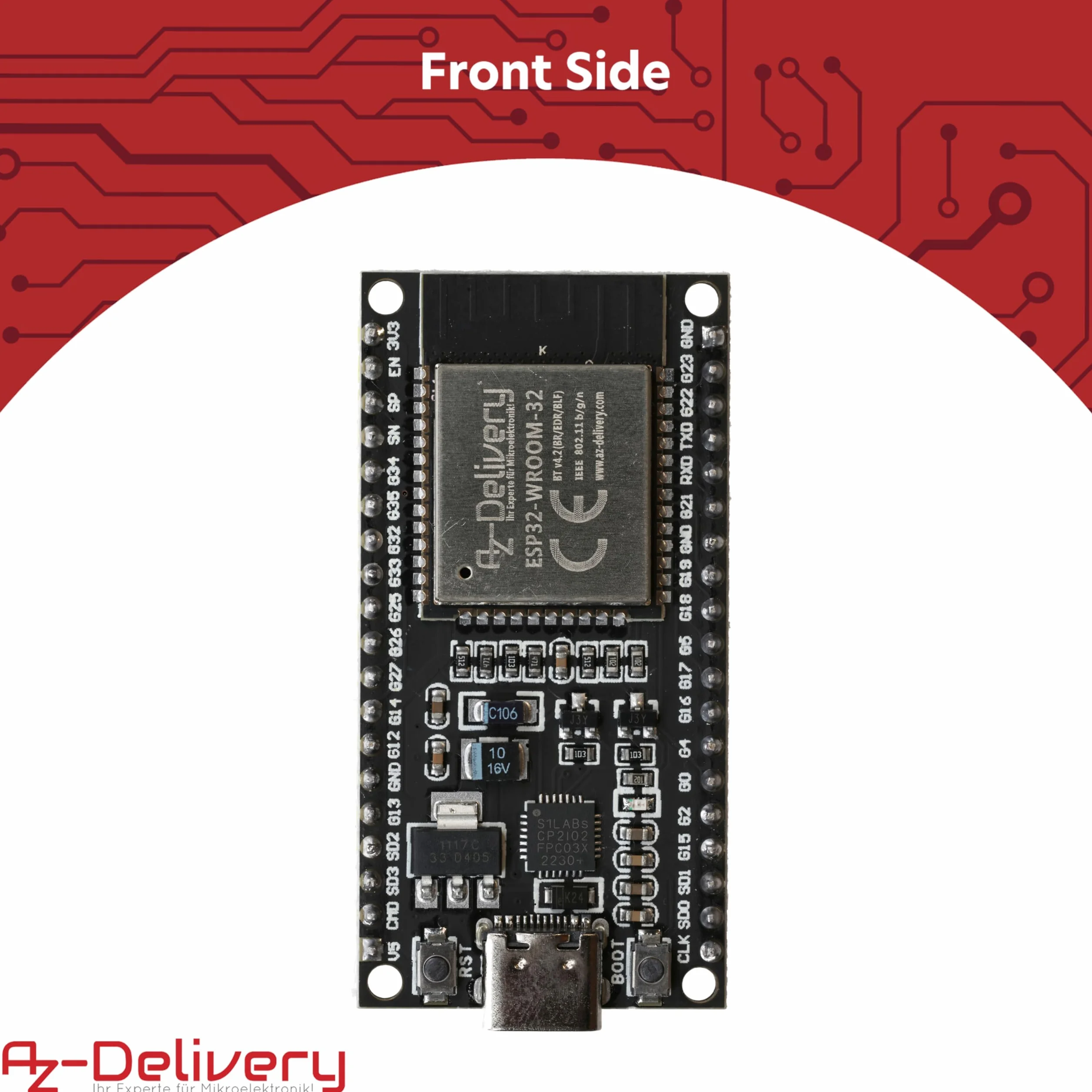 AZDelivery 1 x ESP32 NodeMCU Zestaw C Dev WLAN Moduł z CP2102 i portem USB-C | ESP32 WROOM 32 | Kompatybilny z Arduino i e-book w zestawie
