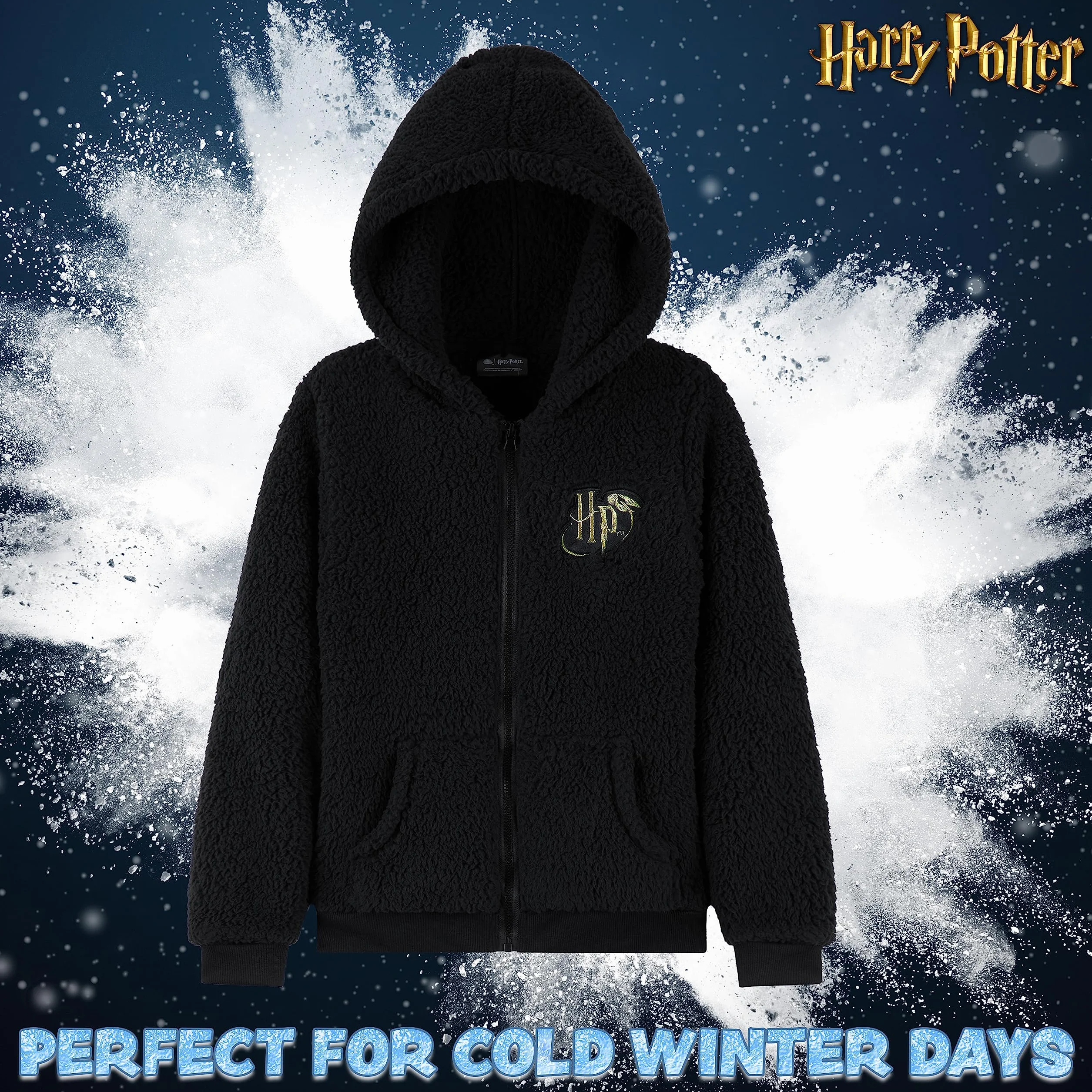 Harry Potter Sherpa Bluza z kapturem dla dziewczyn, zapinana na zamek, polarowa bluza z kapturem dla dzieci nastolatków (Czarny HP Kids)