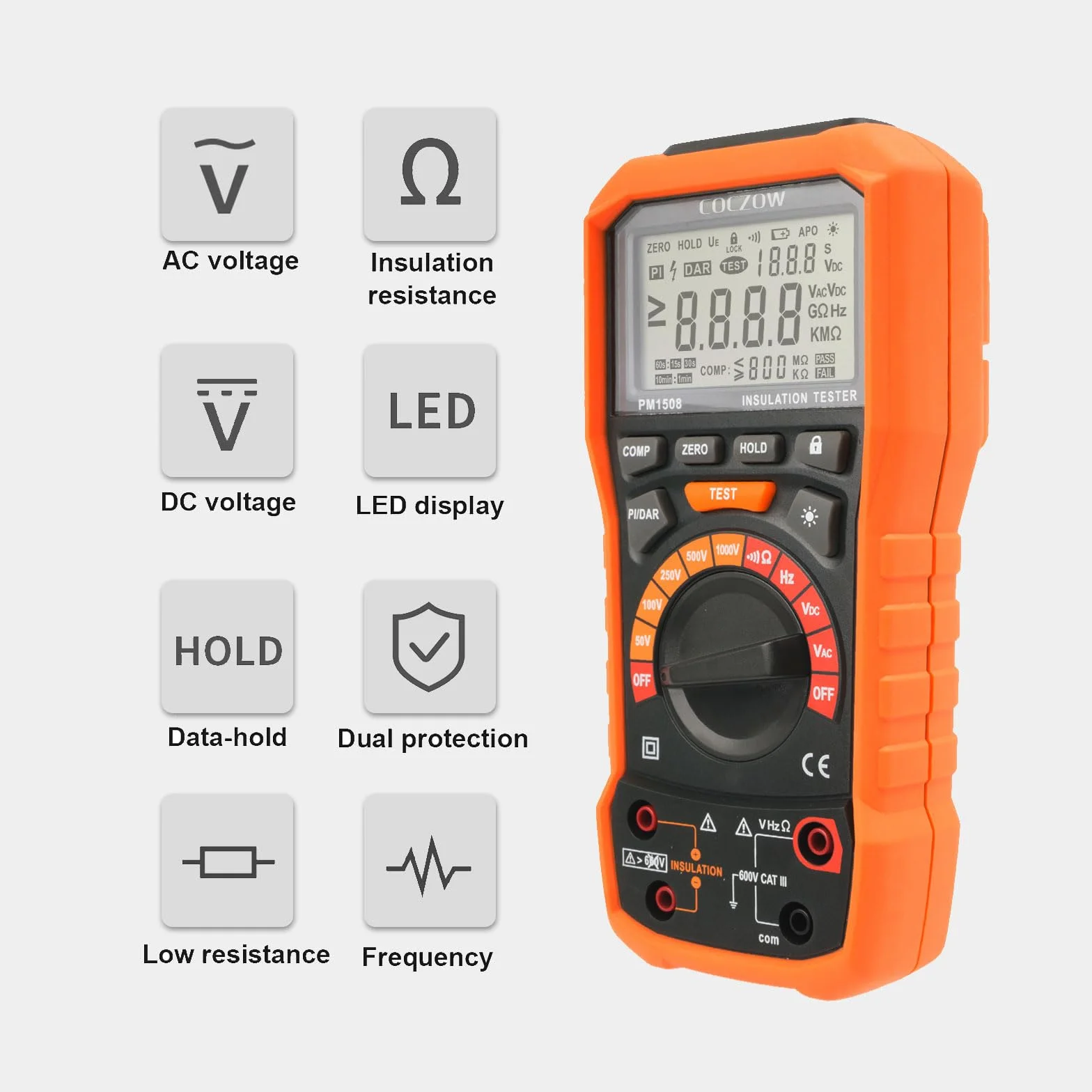 PM1508 cyfrowy miernik rezystancji izolacji 1000 V AC/DC, do 100 GΩ, z testem częstotliwości i niskiego napięcia, wyświetlacz LCD