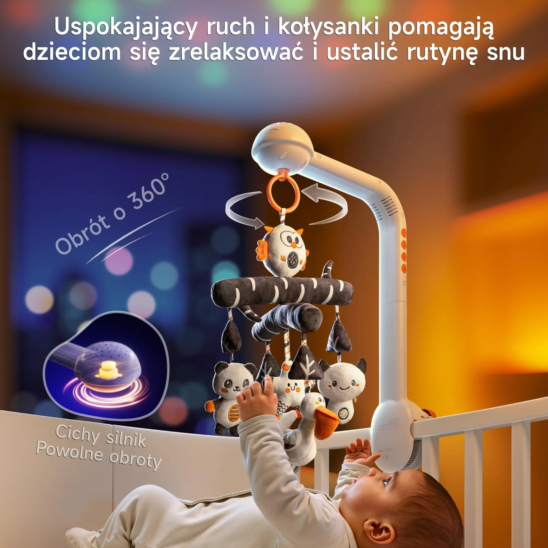 TUMAMA Baby Mobile łóżeczko dziecięce z muzyką, 3 w 1 mobilne dla dzieci do łóżka z światłem projekcyjnym, rotacja, muzyka zegar zabawki, obrotowe i wyjmowane uchwytowe akcesoria od 0 2 3 6 9 miesięcy