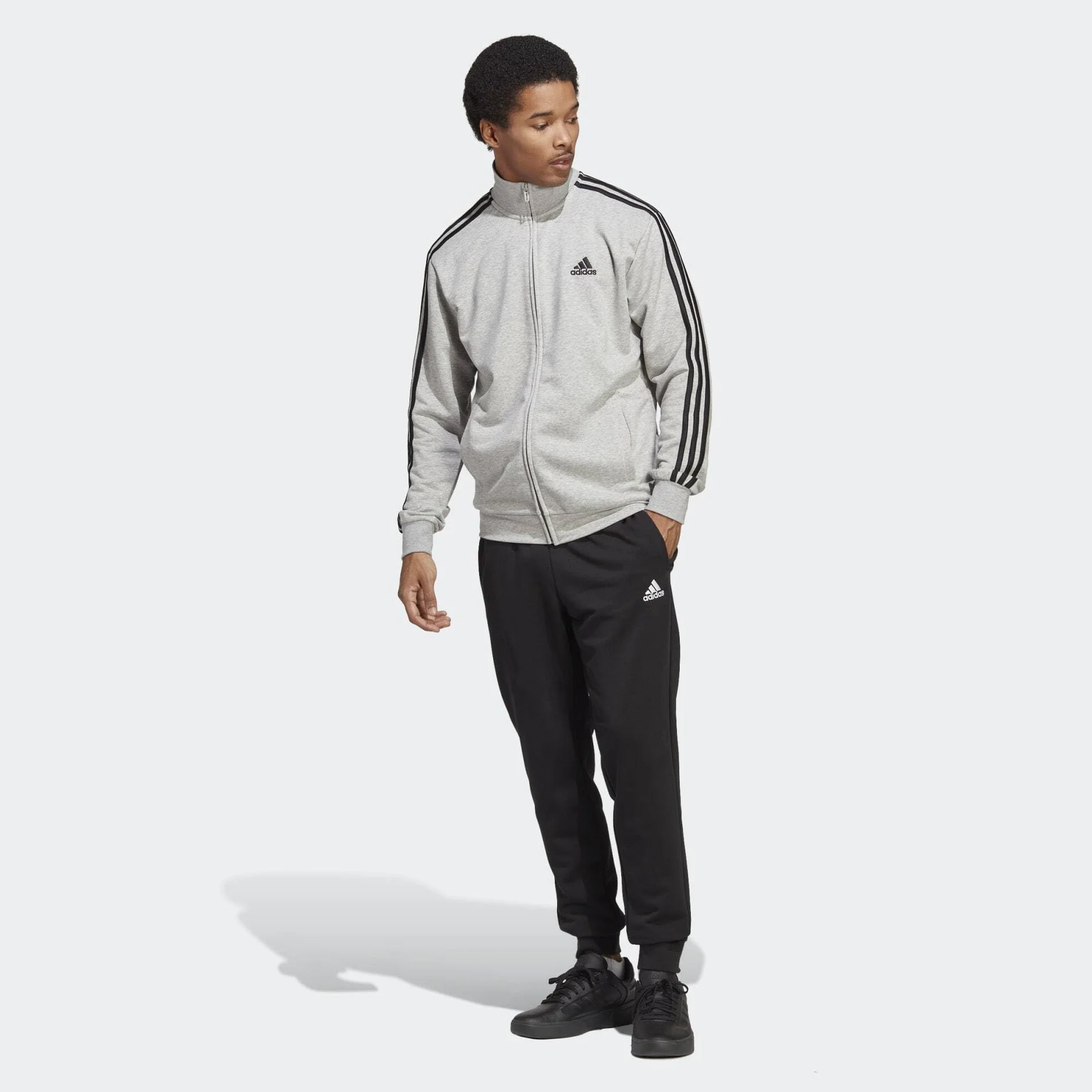 adidas Mężczyźni Basic 3-Stripes French Terry Track Suit, Medium Grey Heather/Black, L