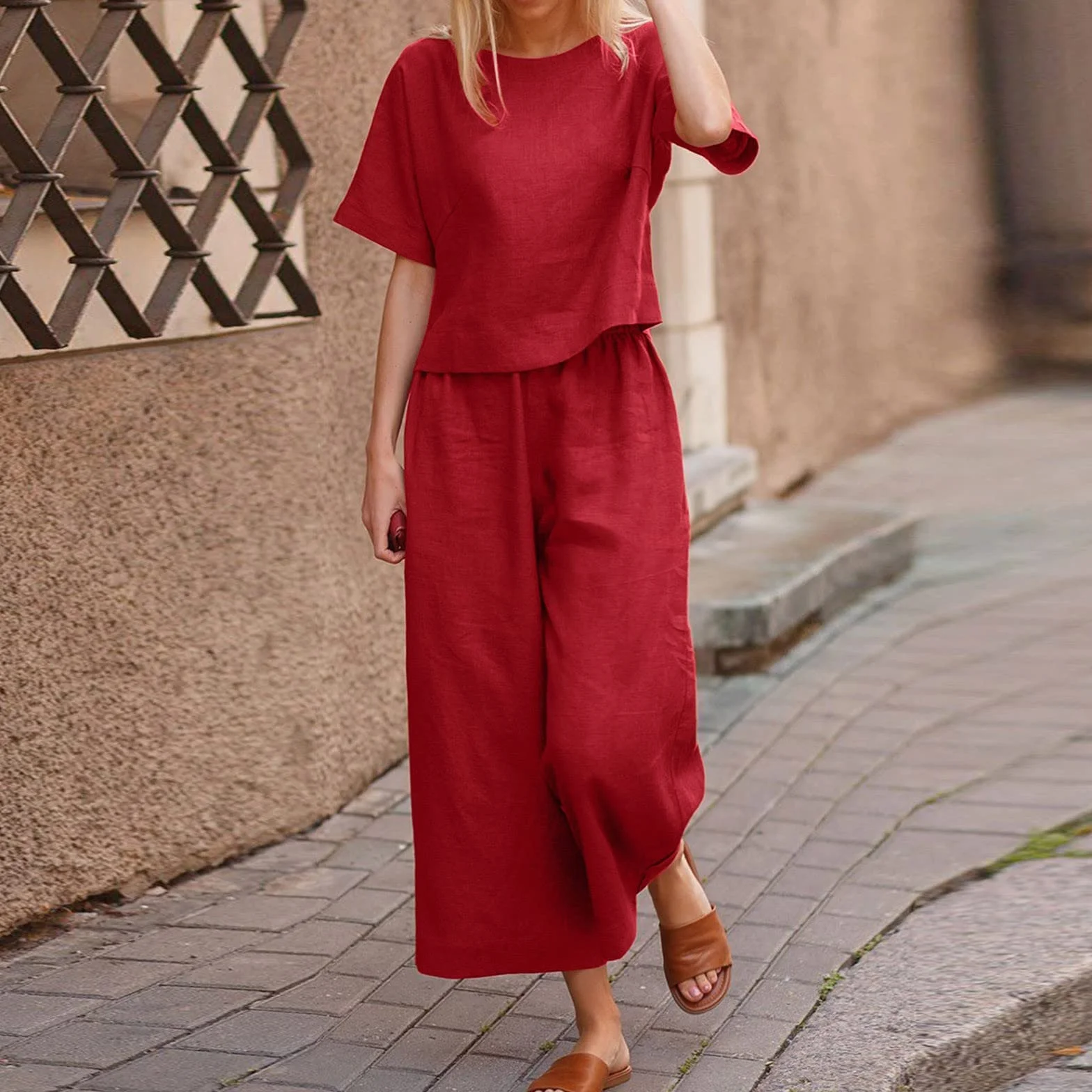 Dwuczęściowy lniany dres rekreacyjny damski, duży rozmiar, na lato, elegancki kombinezon do spodni, okrągły dekolt, koszulka i szerokie nogawki, bawełna, len, dres do biegania, na plażę, urlop