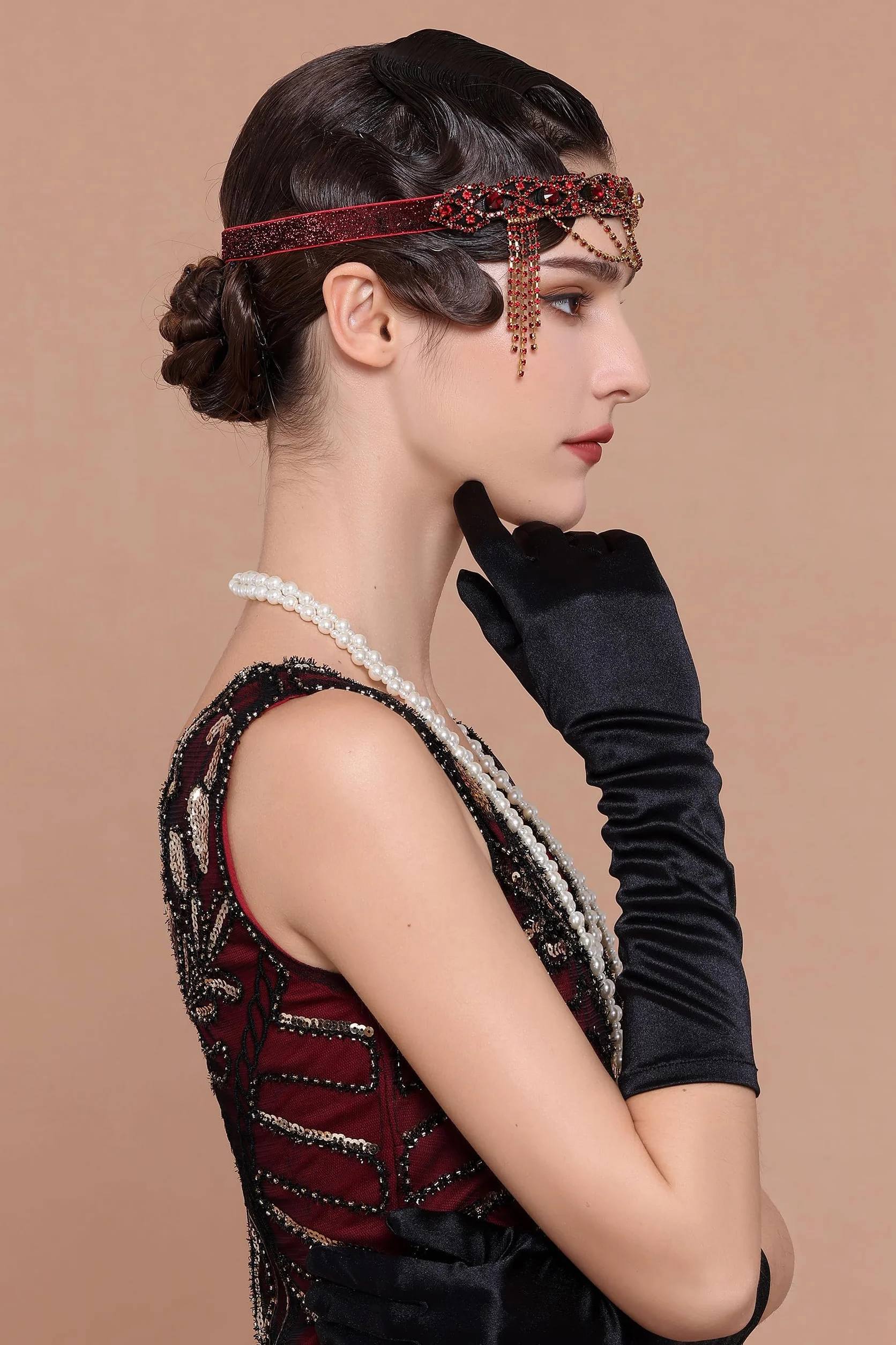 BABEYOND Flapper opaska na czoło Gatsby w stylu lat 20. XX wieku, stras, na wesele, bal absolwentów, opaska na głowę, ozdoba głowy dla kobiet, czerwona