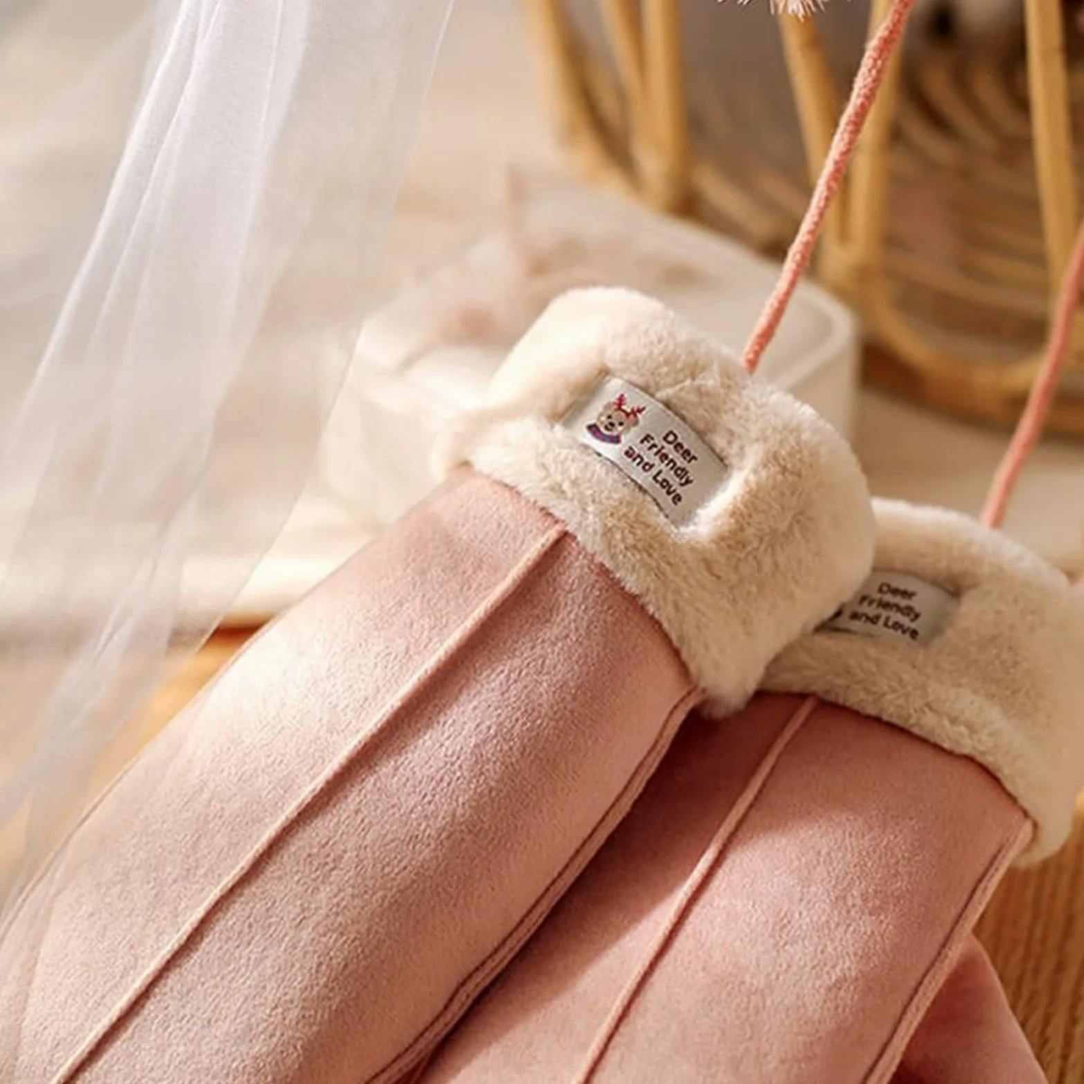 oos Damskie zimowe rękawiczki – damskie i dziewczęce ciepłe rękawiczki z podszewką z grubej smyczy, przytulne, utrzymujące ciepło, lekkie zamszowe rękawiczki z owczej skóry na zimną pogodę (różowe)