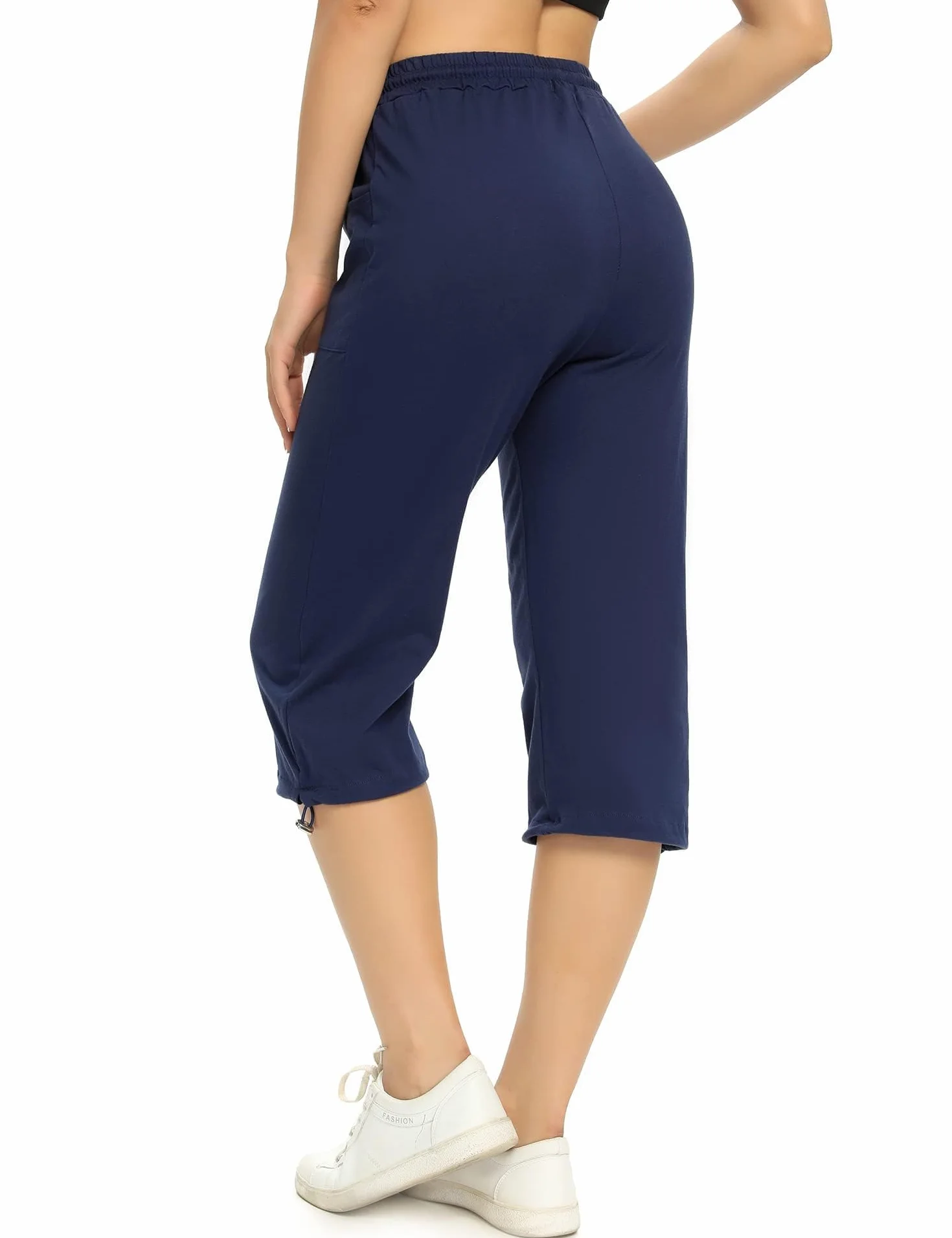Totatuit Damskie letnie spodnie capri do biegania, bawełna 3/4, spodnie letnie, joga, fitness, odzież sportowa z kieszenią do uprawiania sportu i spędzania wolnego czasu, granatowy, S