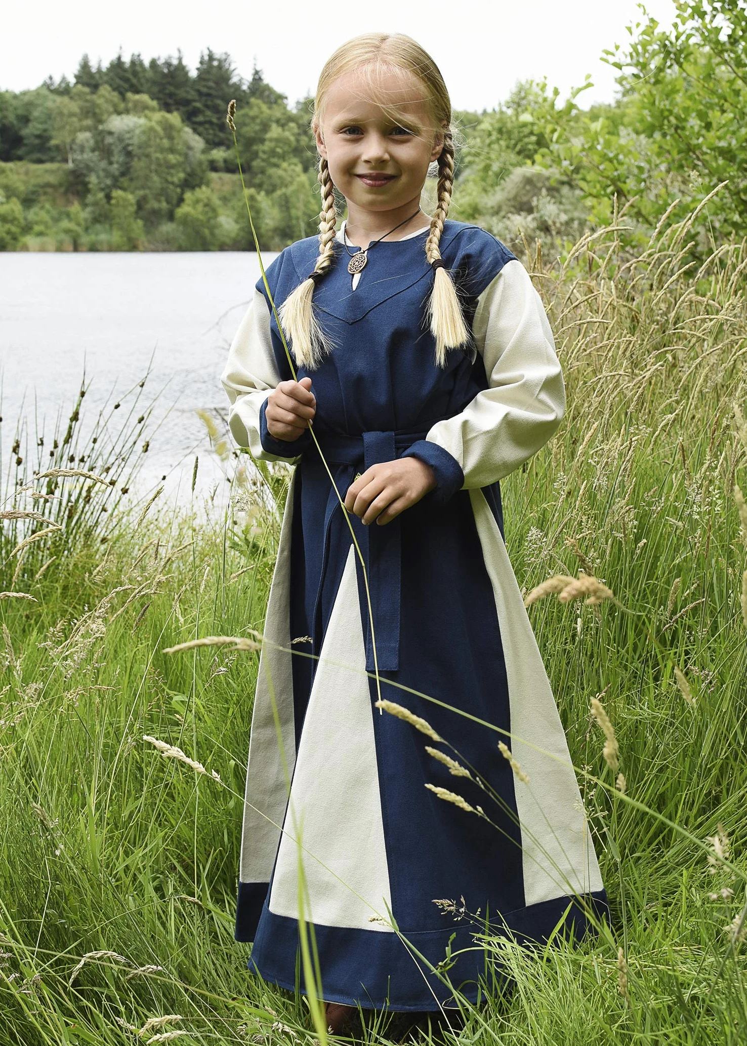 Battle-Merchant Solveig - dziewczęca średniowieczna sukienka wikingów z paskiem - niebieska czerwona - 110-164 (4-16 lat)