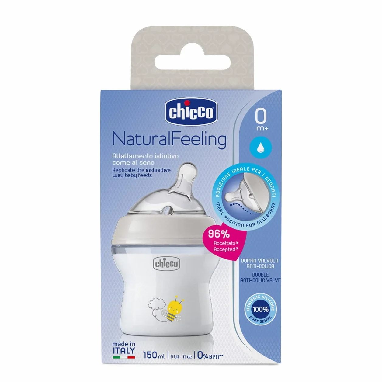 Chicco Butelka Natural Feeling, Antykolkowa, Dla Niemowląt 0 miesięcy + 150 ml, z Miękkim i Elastycznym Silikonowym Smoczkiem, Odpowiednia do Karmienia Naprzemiennego, Przepływ Wolny, kolor neutralny