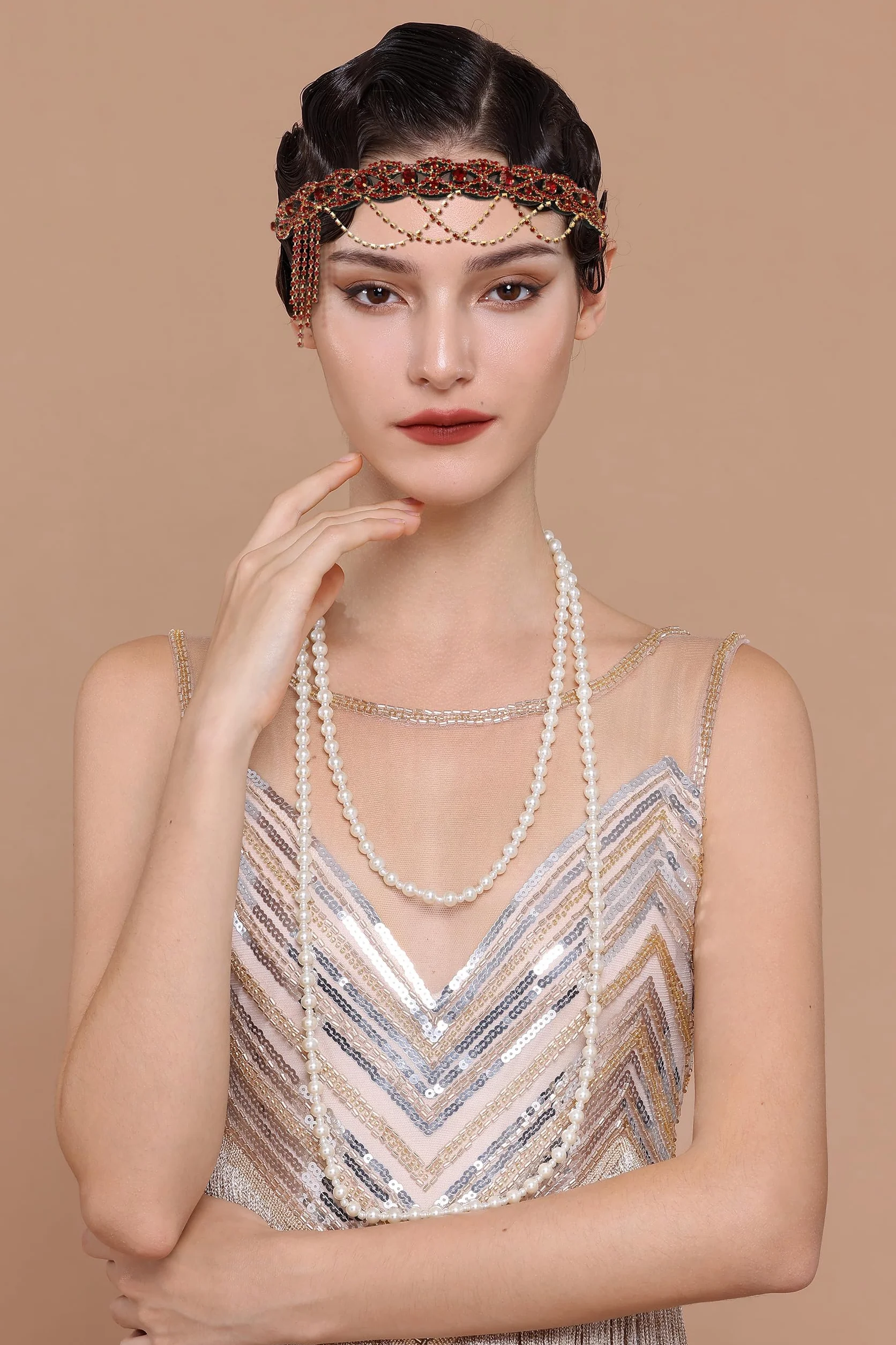 BABEYOND Flapper opaska na czoło Gatsby w stylu lat 20. XX wieku, stras, na wesele, bal absolwentów, opaska na głowę, ozdoba głowy dla kobiet, czerwona