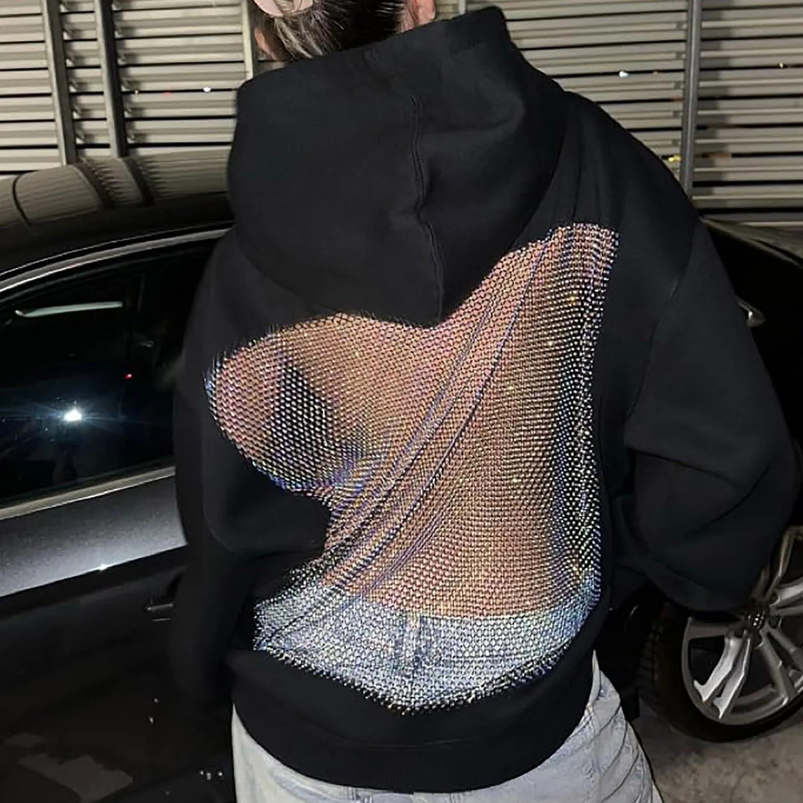 Damskie bluzy z kapturem z siatki na plecach, moda na co dzień przezroczysta bluza z długim rękawem opaska na głowę kieszeń brokatowe bluzki z siateczki damskie ponadwymiarowe przytulne pulower na