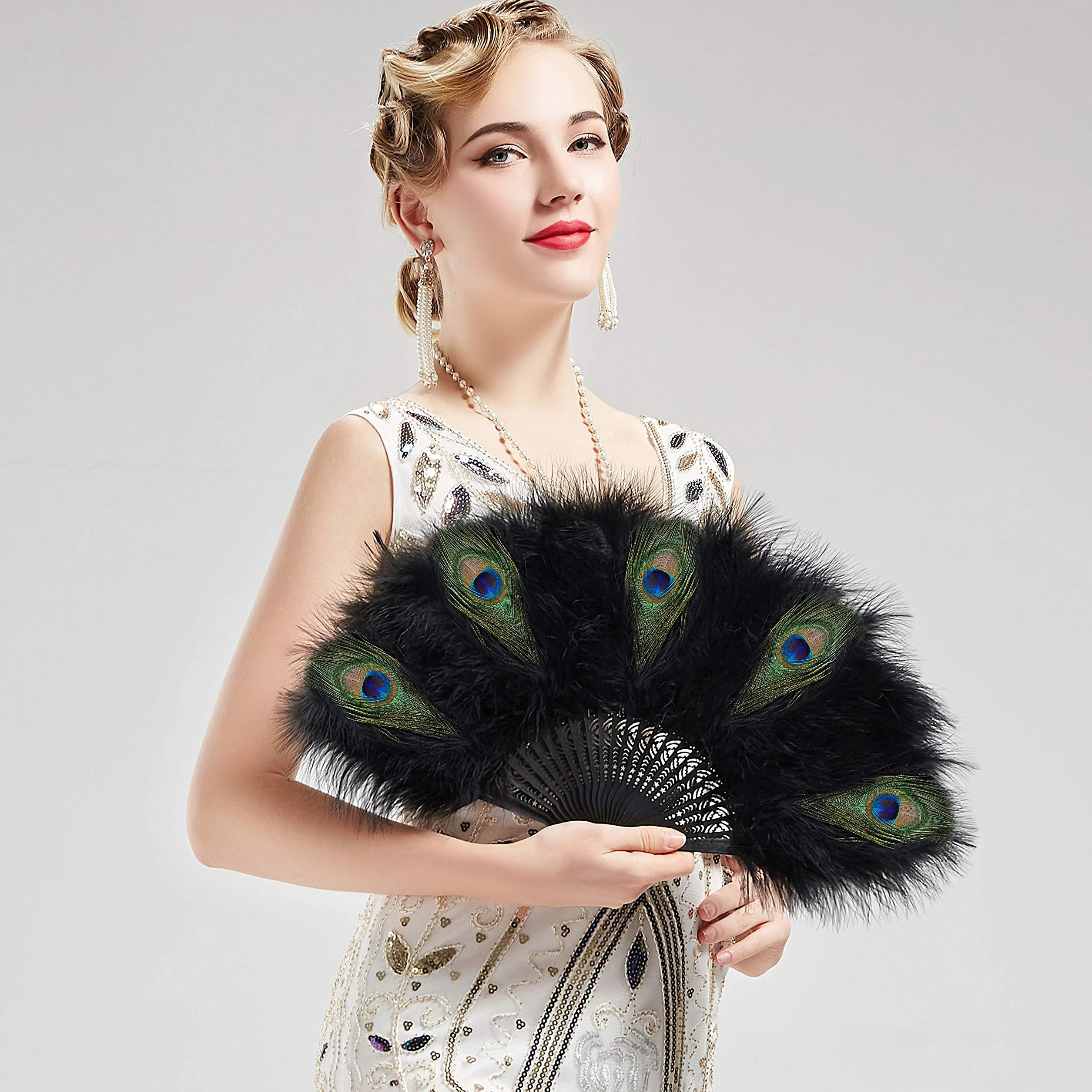 BABEYOND Damski wachlarz Marabou z piórami vintage Gatsby czarny