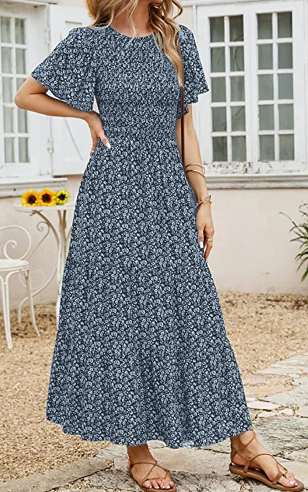 PRETTYGARDEN Women's Floral Maxi Dress Round Neck Short Flutter Sleeve Smocked Ruffle Flowy Tiered Boho Dress Navy Medium