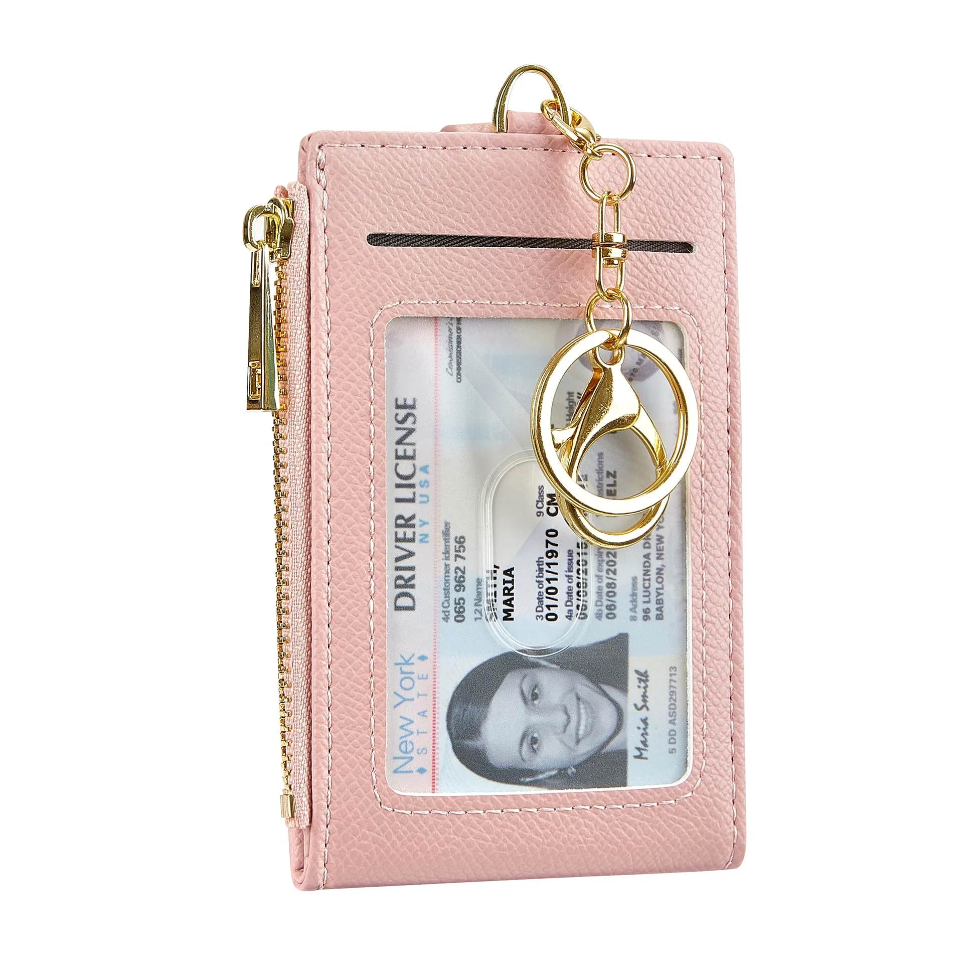 Kobiety i mężczyźni skórzane etui na karty blokujące RFID wąski mały zamek błyskawiczny brelok przednia kieszeń portfel z 2 okienkami na dowód osobisty, różowy, Jeden rozmiar, Minimalistyczny