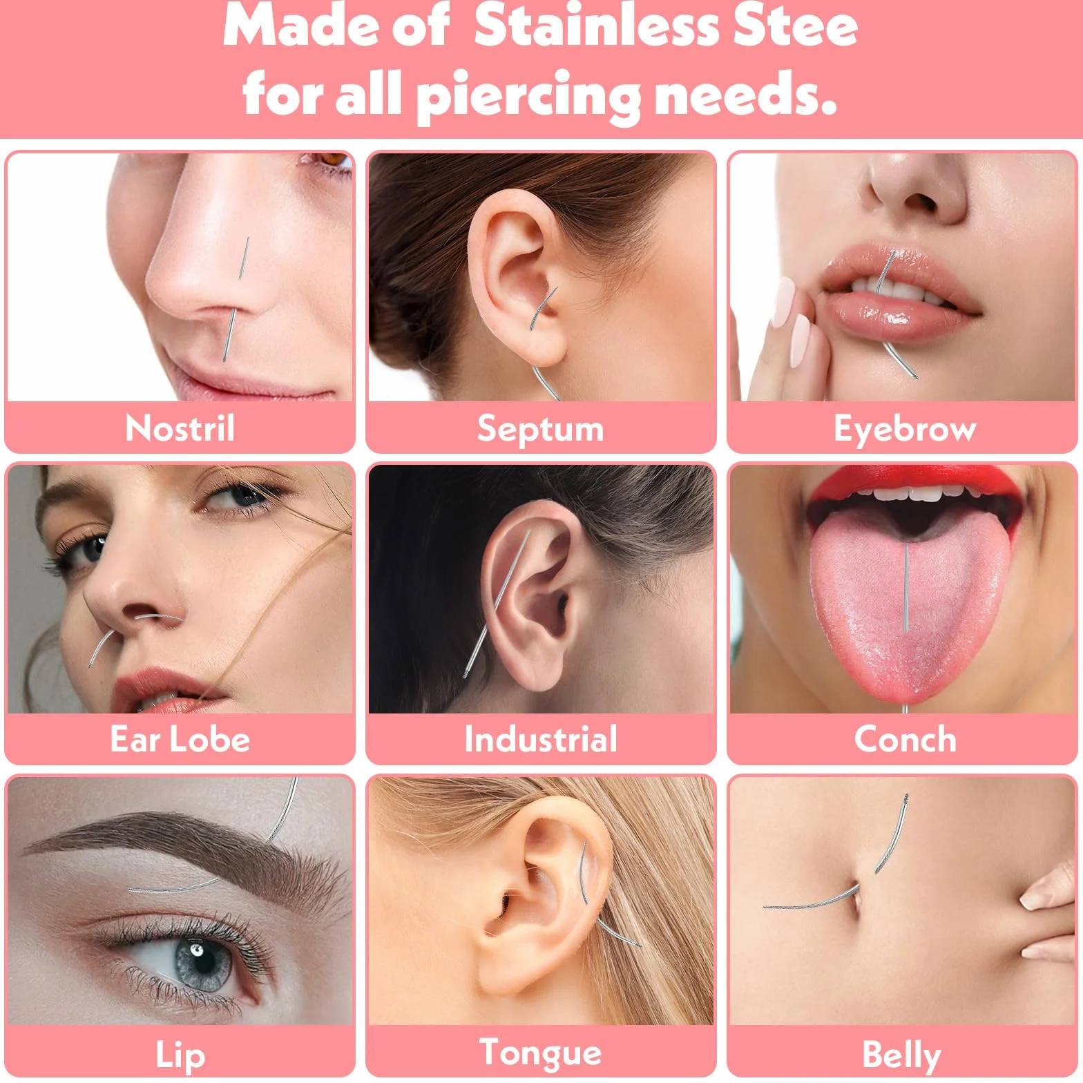 Zestaw 18 sztuk igieł do piercingu, zestaw do przekłuwania uszu, stal chirurgiczna, stal nierdzewna, do wsuwania tragus, helix, wargi, nosa, chrząstki
