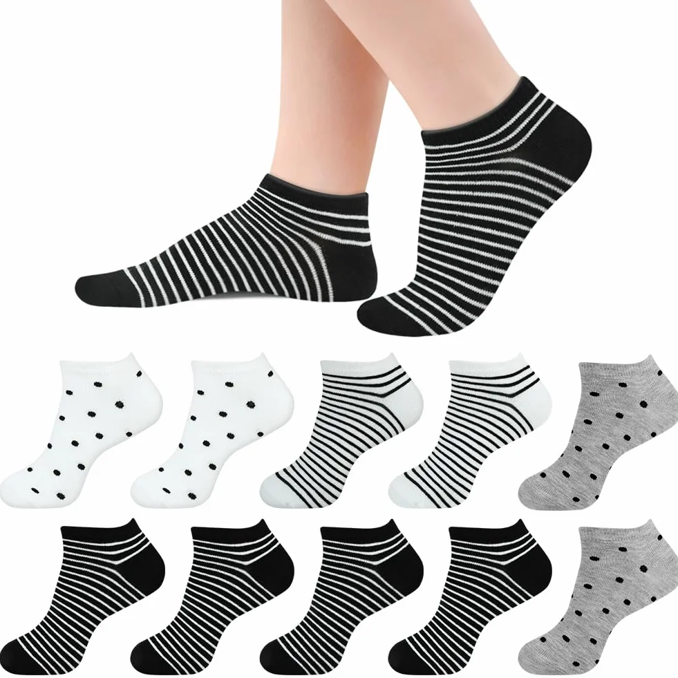 DiULi Krótkie skarpety sportowe, damskie, 10/12 par skarpet do sneakersów z paskami i kropkami, bawełna 39-42, 35-38, krótkie, zabawne skarpety, bawełniane, oddychające, wygodne, swobodne