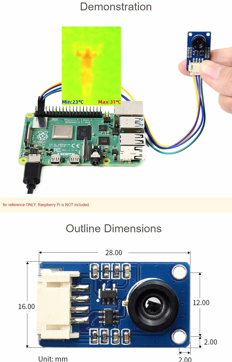 Waveshare MLX90640 IR Array Thermal Imaging Camera with 32×24 Pixels 55° Field of View Communicating via I2C Interface Supports Raspberry Pi/ESP32/STM32