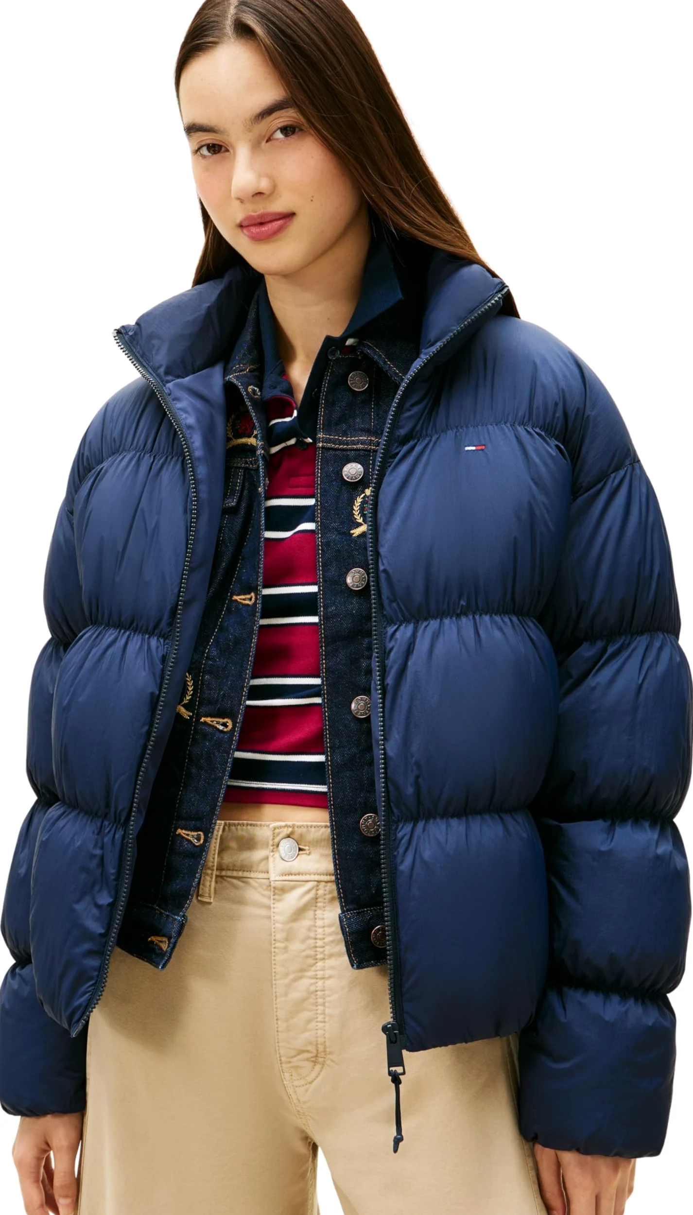 Tommy Jeans Damska kurtka puchowa TJW ROUCHED PFFR JCKT DWN EXT DW0DW22042, NIEBIESKA (Dark Night Navy), L, NIEBIESKI (Dark Night Navy), L