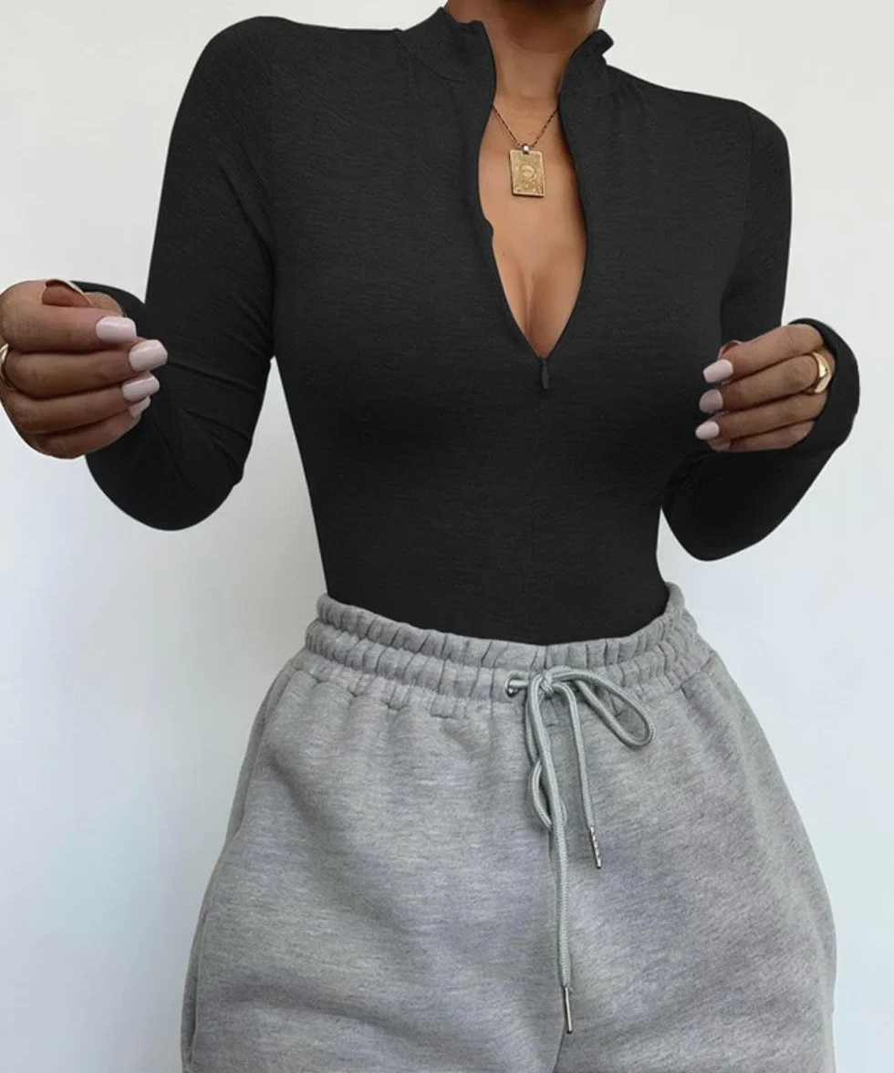 Body damskie z długim rękawem, seksowny golf, dekolt w serek, body slim fit, kombinezon z zamkiem błyskawicznym z przodu, rozciągany, trykot, szykowny garnitur, codzienny ubiór