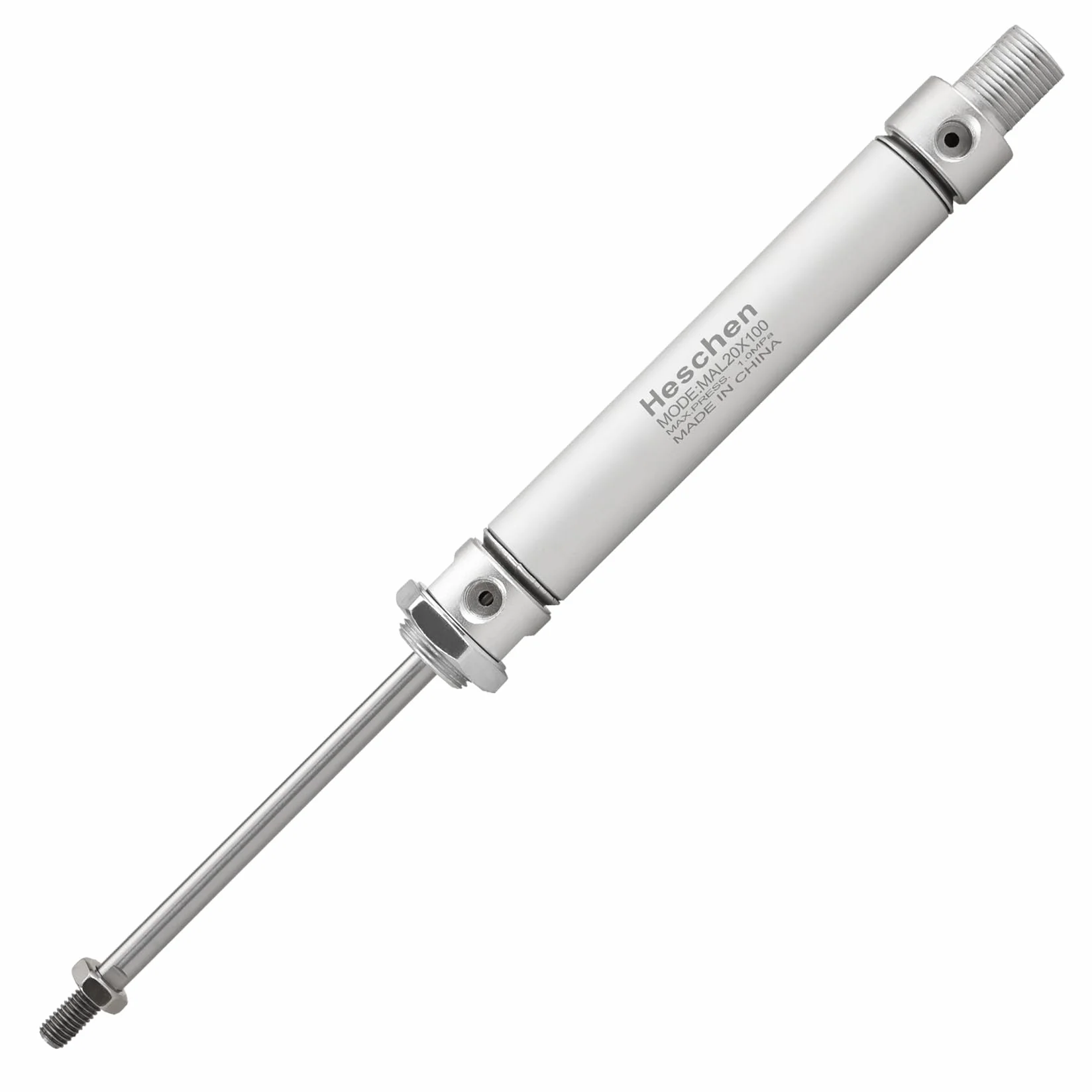 Heschen Smukły pneumatyczny cylinder pneumatyczny, MAL 20-100, otwór 20 mm, skok 100 mm, dwustronny, port PT1/8 cala, metal, 145 PSI