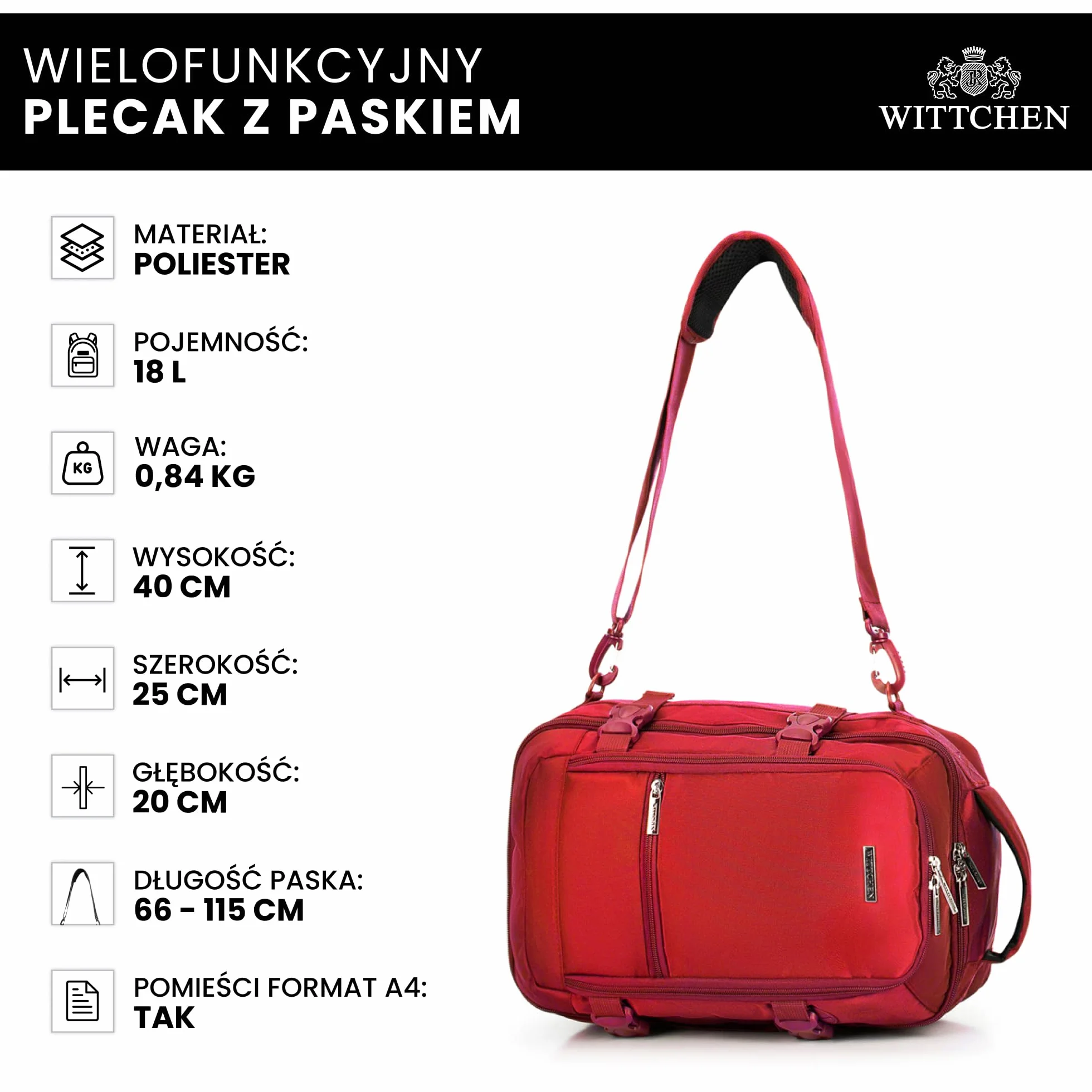 WITTCHEN Poszerzany plecak do samolotu | Plecak podręczny 32 l | Wodoodporny plecak na laptopa 17 cali | Plecak podróżny w rozmiarze kabinowym | 47 × 32 × 14–18 cm