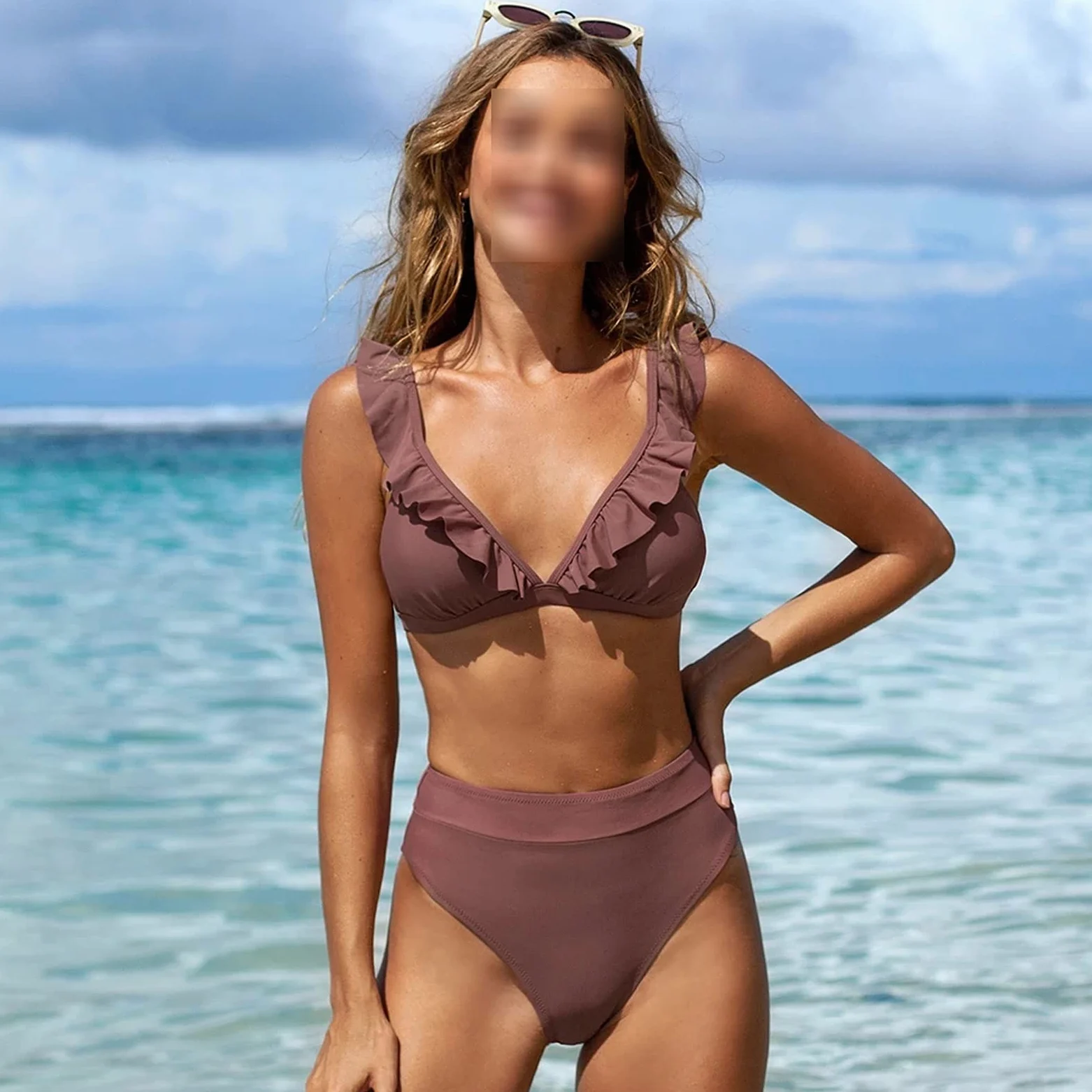 Dwuczęściowy strój kąpielowy V-neck Potargane zestawy Bikini z wysokim stanem Strój kąpielowy Kobiety Seksowny solidny brązowy Dwuczęściowy strój kąpielowy Nowe plażowe kostiumy kąpielowe Bikini Set (A XXL)