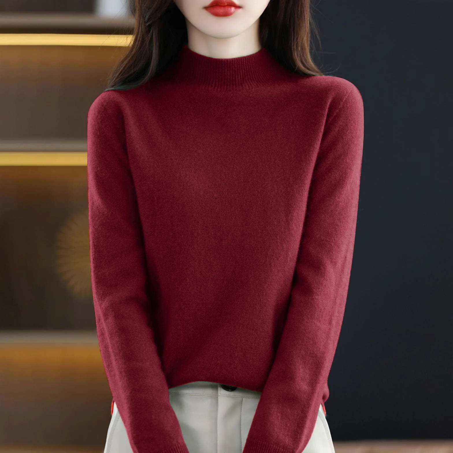 Bluza z okrągłym dekoltem dla kobiet bluzka top damski półgolf sweter z długim rękawem jednolity kolor sweter koszula jesień zima ciepły luźny sweter do wewnątrz na zewnątrz trening prezenty
