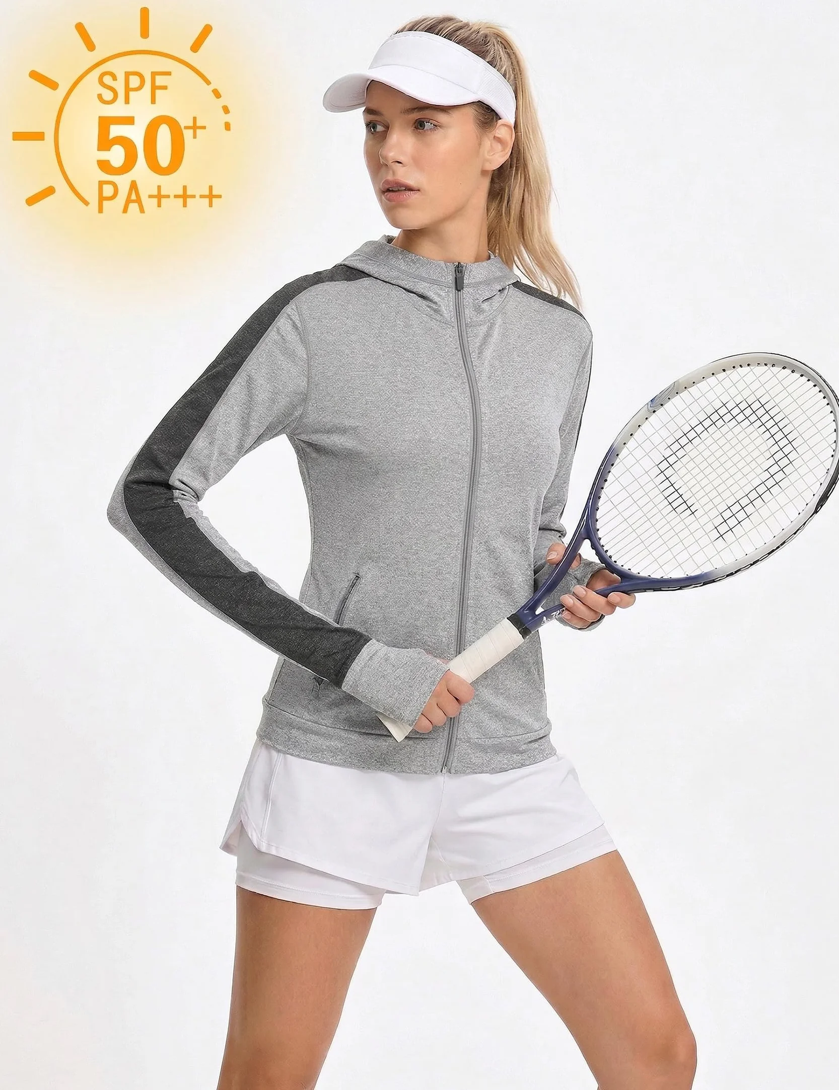 Damska kurtka do biegania, sportowa kurtka z długim rękawem, kurtka treningowa, bluza z kapturem, oddychająca, z otworem na kciuk i kieszenią, do biegania, jogi, fitnessu, szary, M