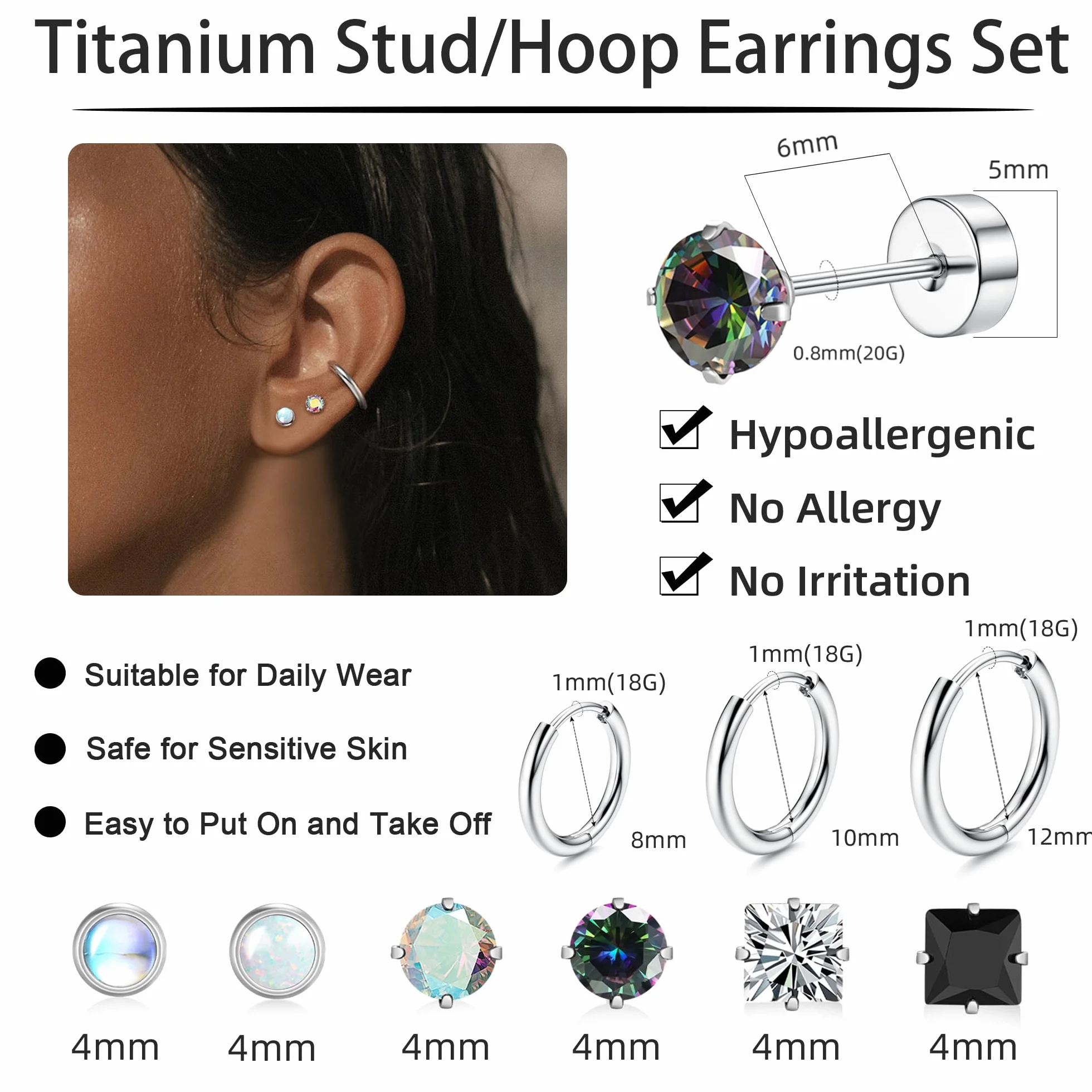 LOFITOR Titanium Earrings for Men Women Titanium Steel Stud Earrings for Sensitive Ears Surgical Steel Flat Back Earrings Silver