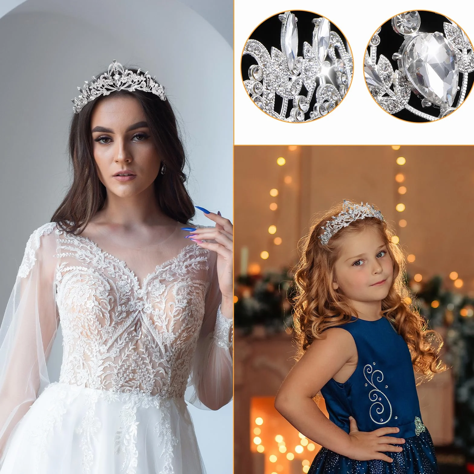 Diadem ślubny, srebrna kryształowa korona ze strasu z 2 spinkami do włosów, diadem dla panny młodej, dla dziewcząt, na bal absolwentów, uroczystość, urodziny, wesele, imprezę