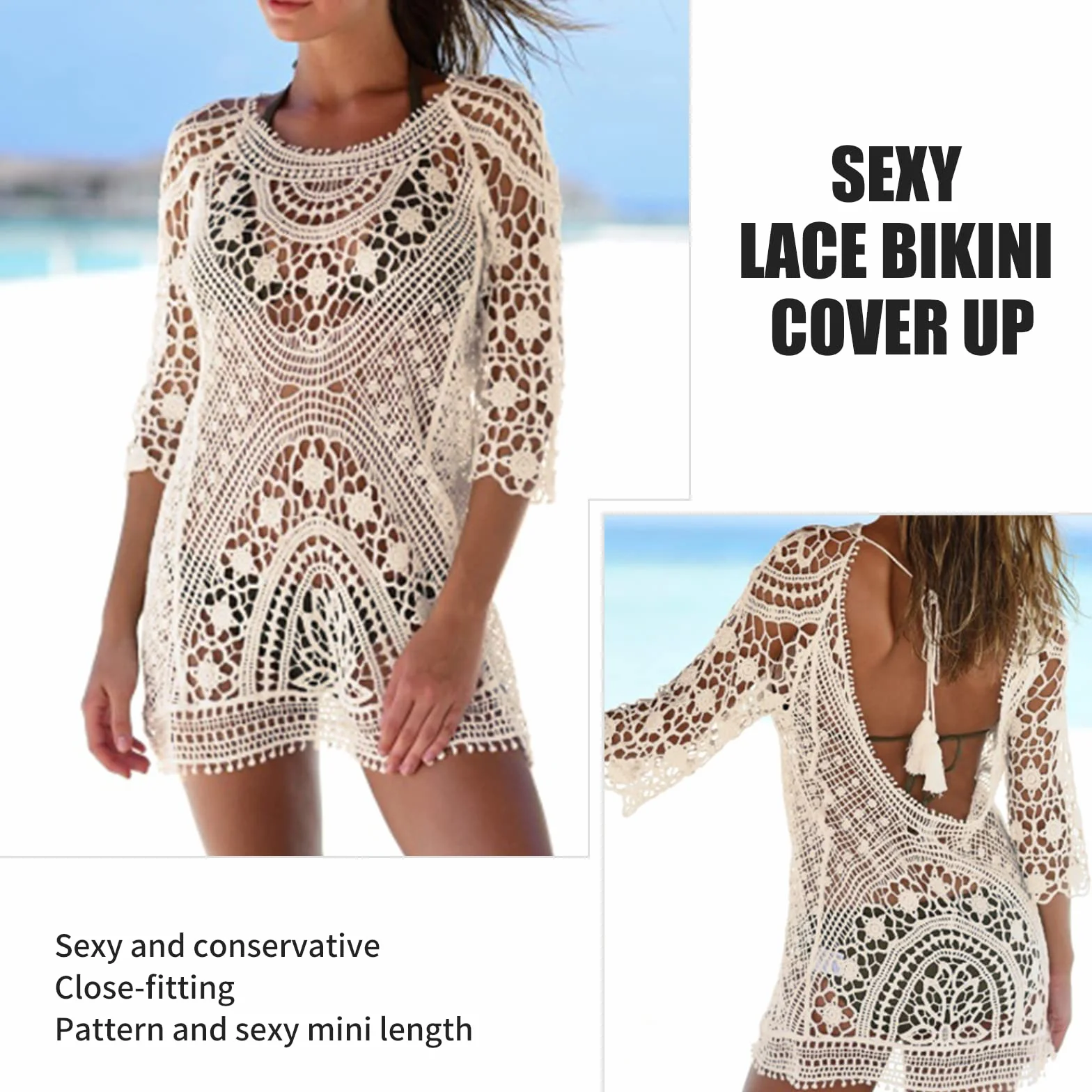 Sukienki plażowe, damskie, krótka sukienka, kostium kąpielowy, bikini, koronka, crochet cover up, Bez pleców, beżowy, M