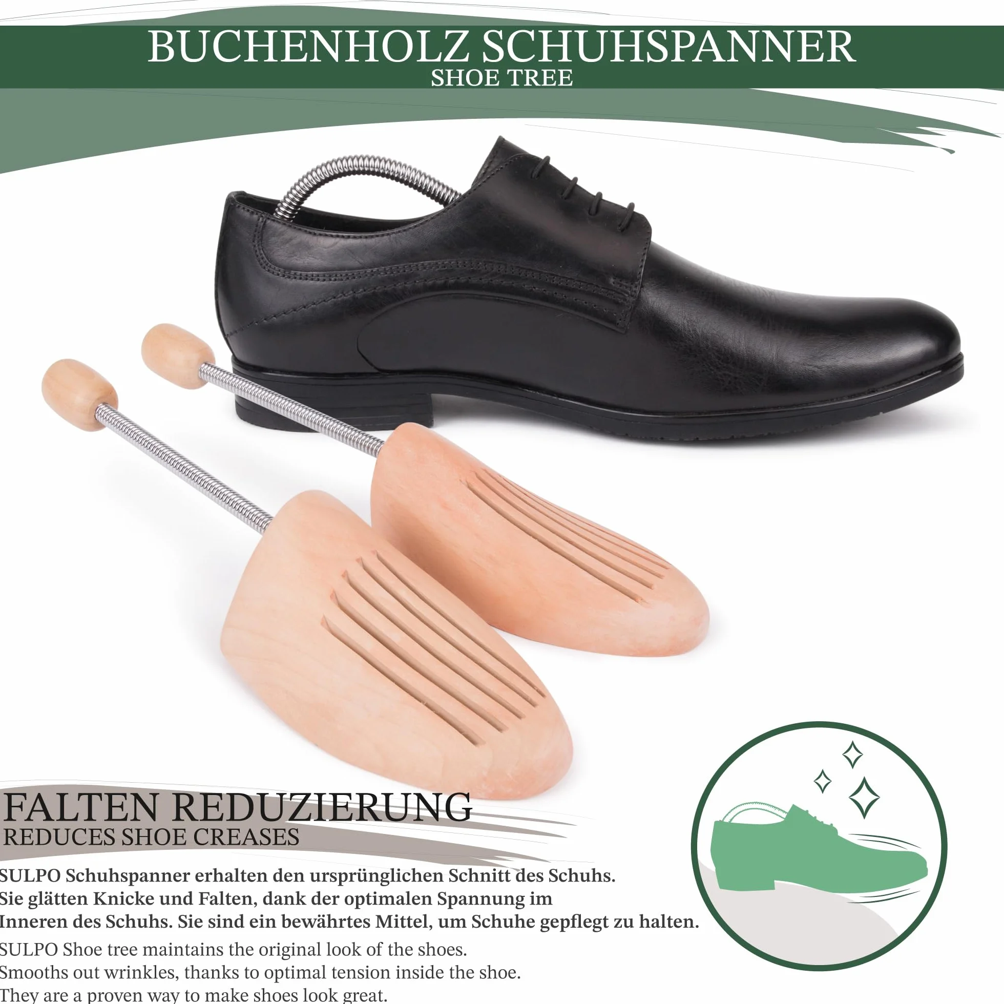 SULPO Drewniane prawidła do butów - Drewniane prawidła do poszerzania butów - Ochraniacz na zagięcia butów - Napinacz do butów eleganckich i trampek - Różne rozmiary