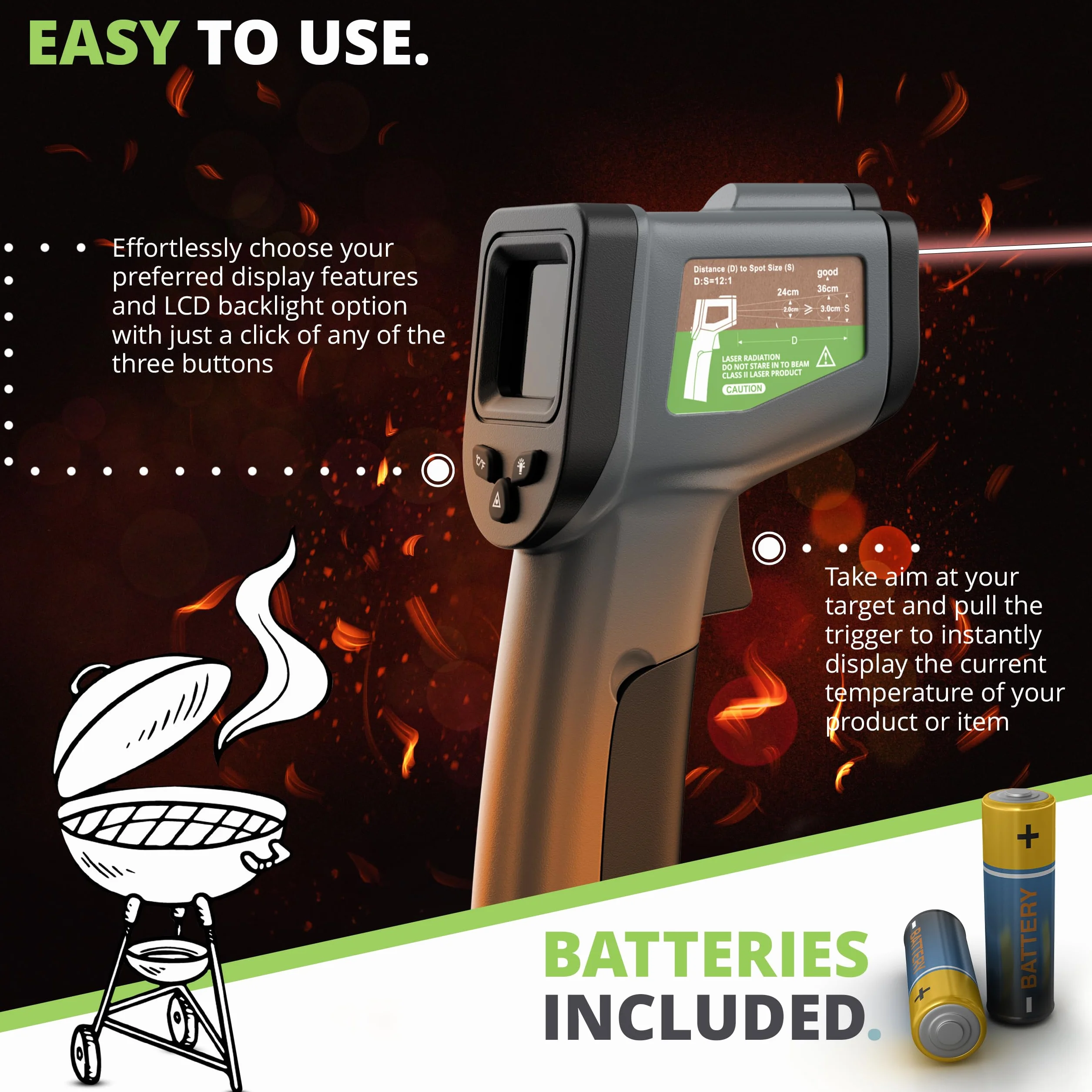 Oliver's Kitchen ® Infrared Thermometer - User-Friendly - Measure Temperature with Precision - Perfect for Pizza Ovens - Ergonomic Grip - Batteries Included