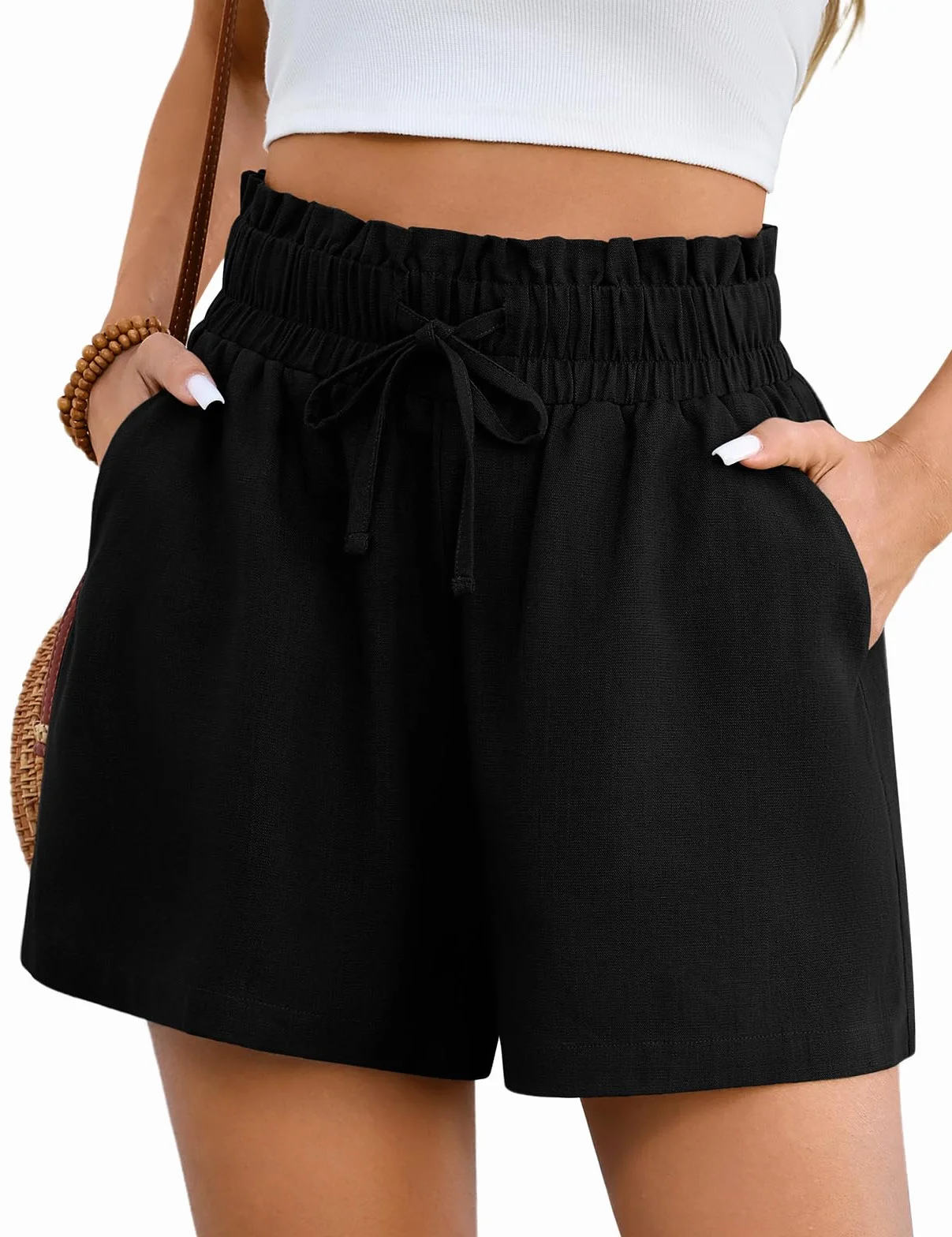 Szorty damskie letnie lniane muślinowe High Waist bermudy z kieszeniami