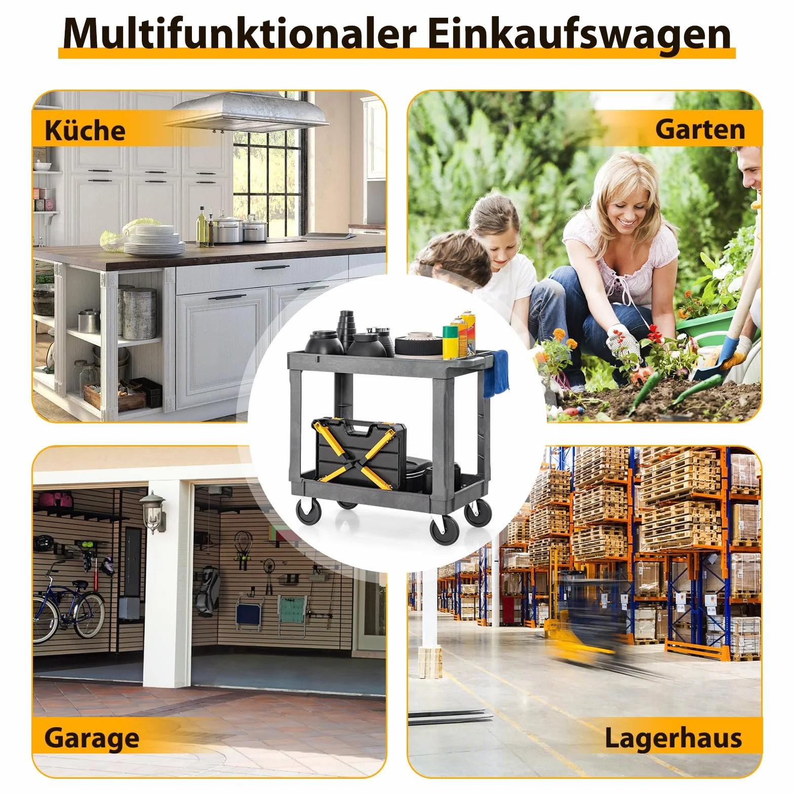 COSTWAY Wózek warsztatowy, 2 poziomy, wózek warsztatowy z tworzywa sztucznego z uchwytem, wózek montażowy, wózek serwisowy, obciążenie do 250 kg, wózek narzędziowy do garażu, magazynu, biura, 86 x 44